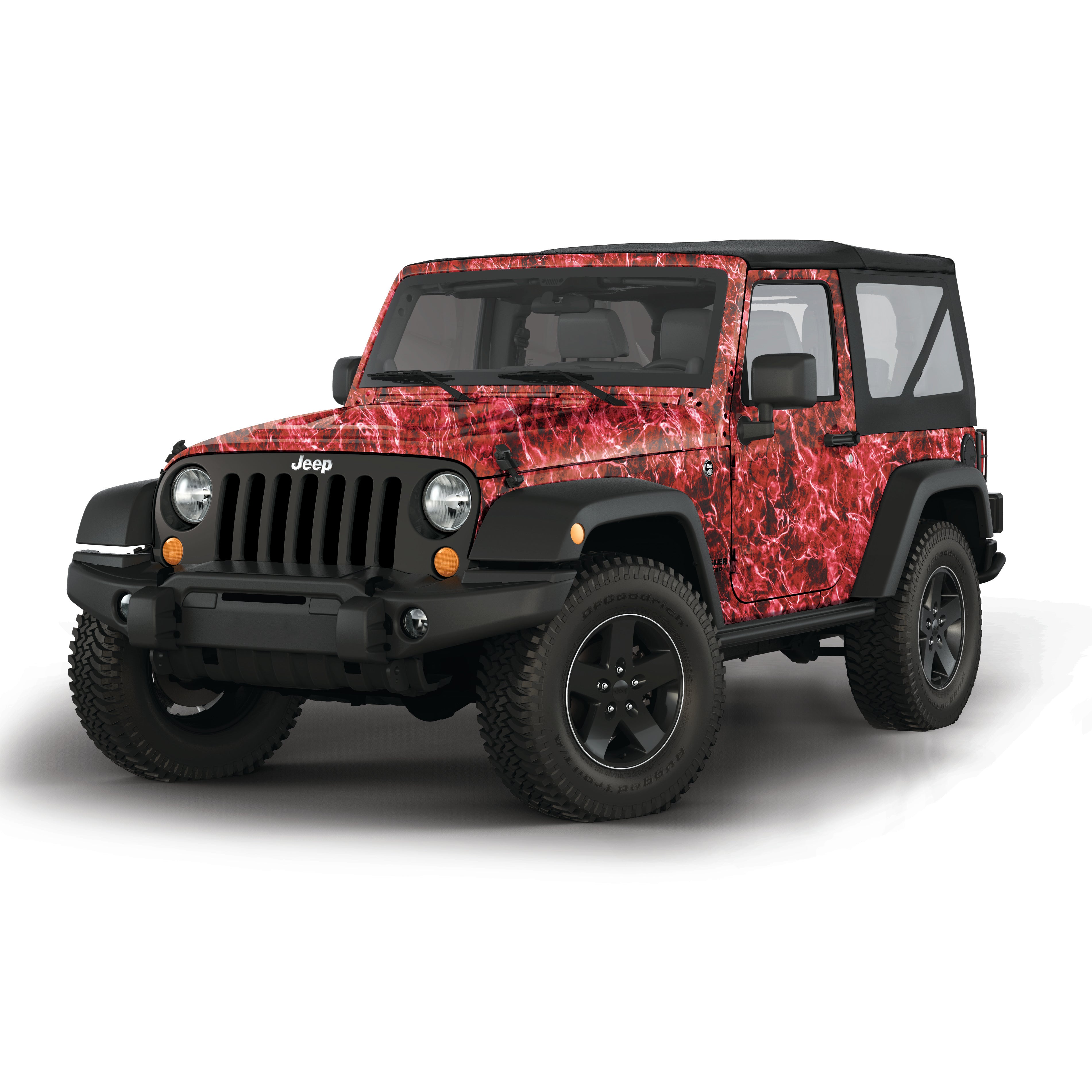 Mossy Oak Graphics vehicle vinyl wrap for 2 door Jeep Wrangler in Elements Agua Crimson camo pattern