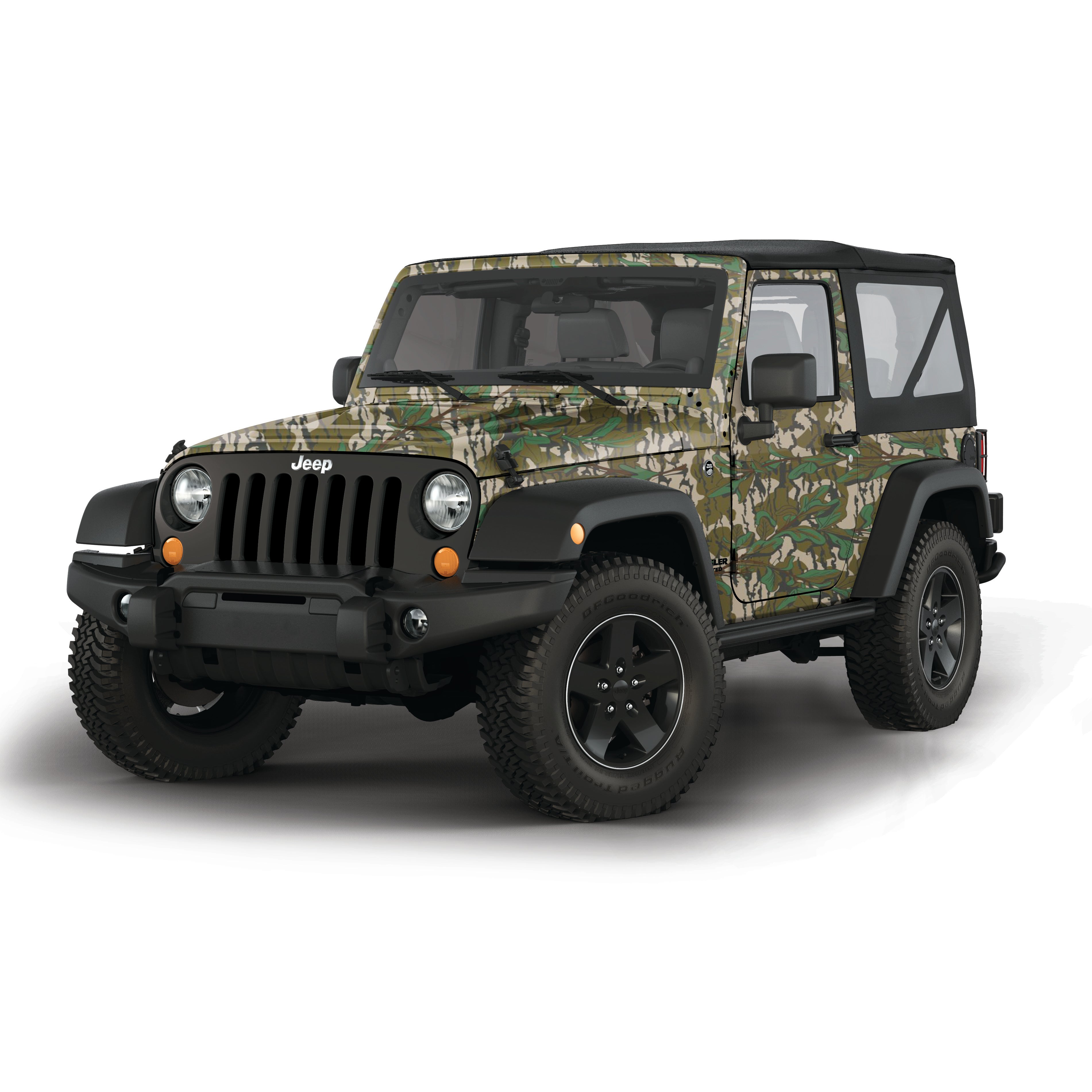 Mossy Oak Graphics vehicle vinyl wrap for 2 door Jeep Wrangler in Greenleaf camo pattern