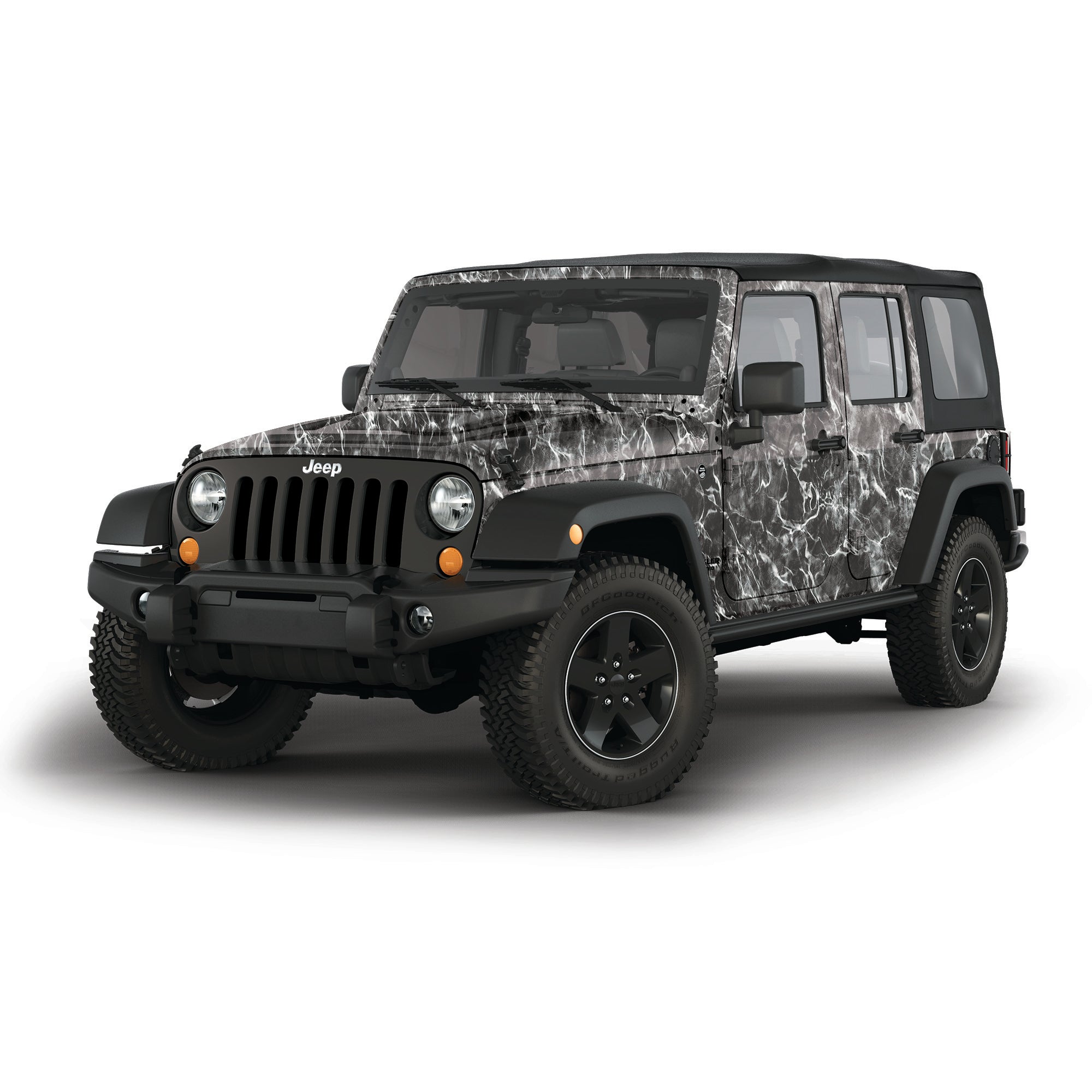 Mossy Oak Graphics 4 door Jeep Wrangler vehicle vinyl wrap in Elements Agua Blacktip camo pattern