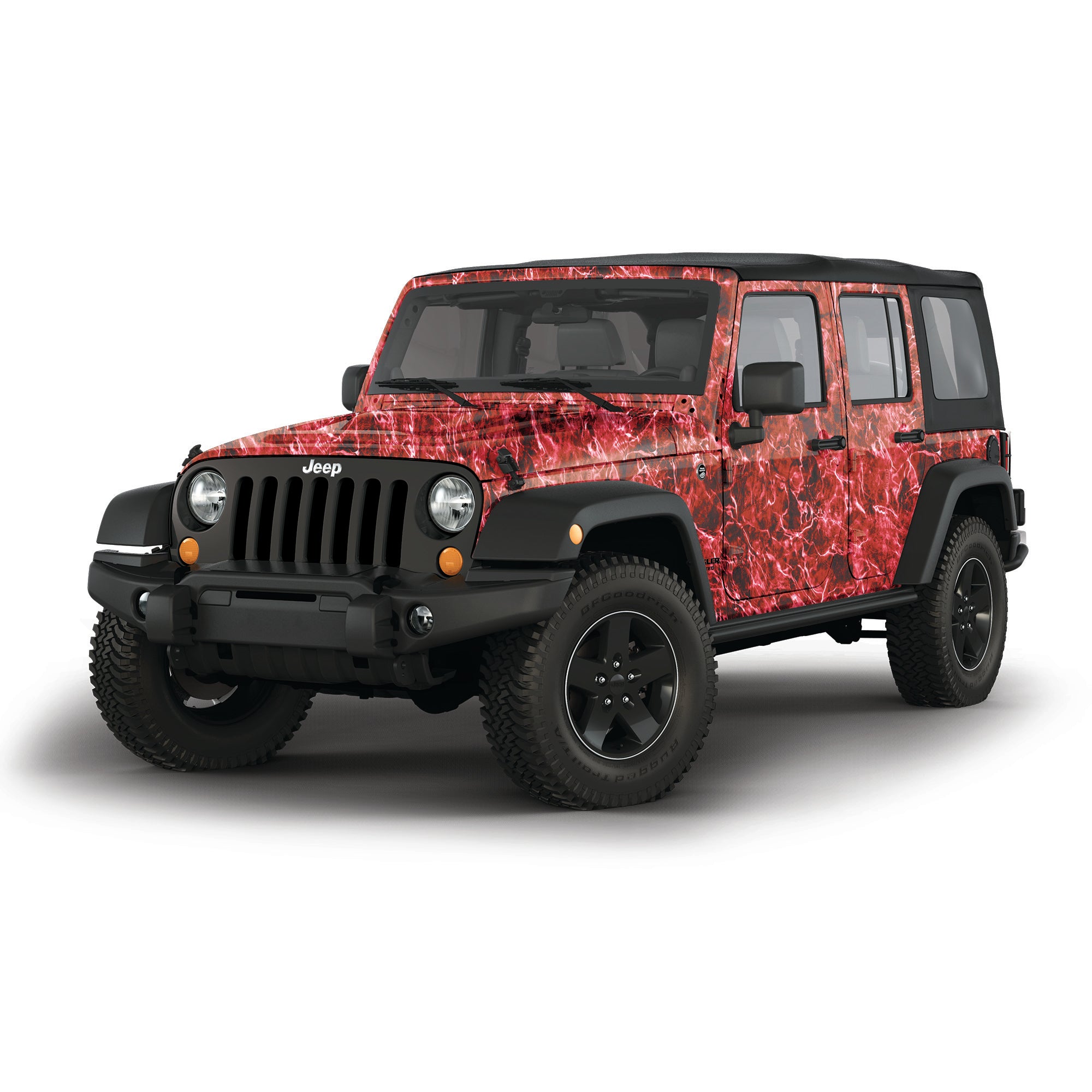 Mossy Oak Graphics 4 door Jeep Wrangler vehicle vinyl wrap in Elements Agua Crimson camo pattern