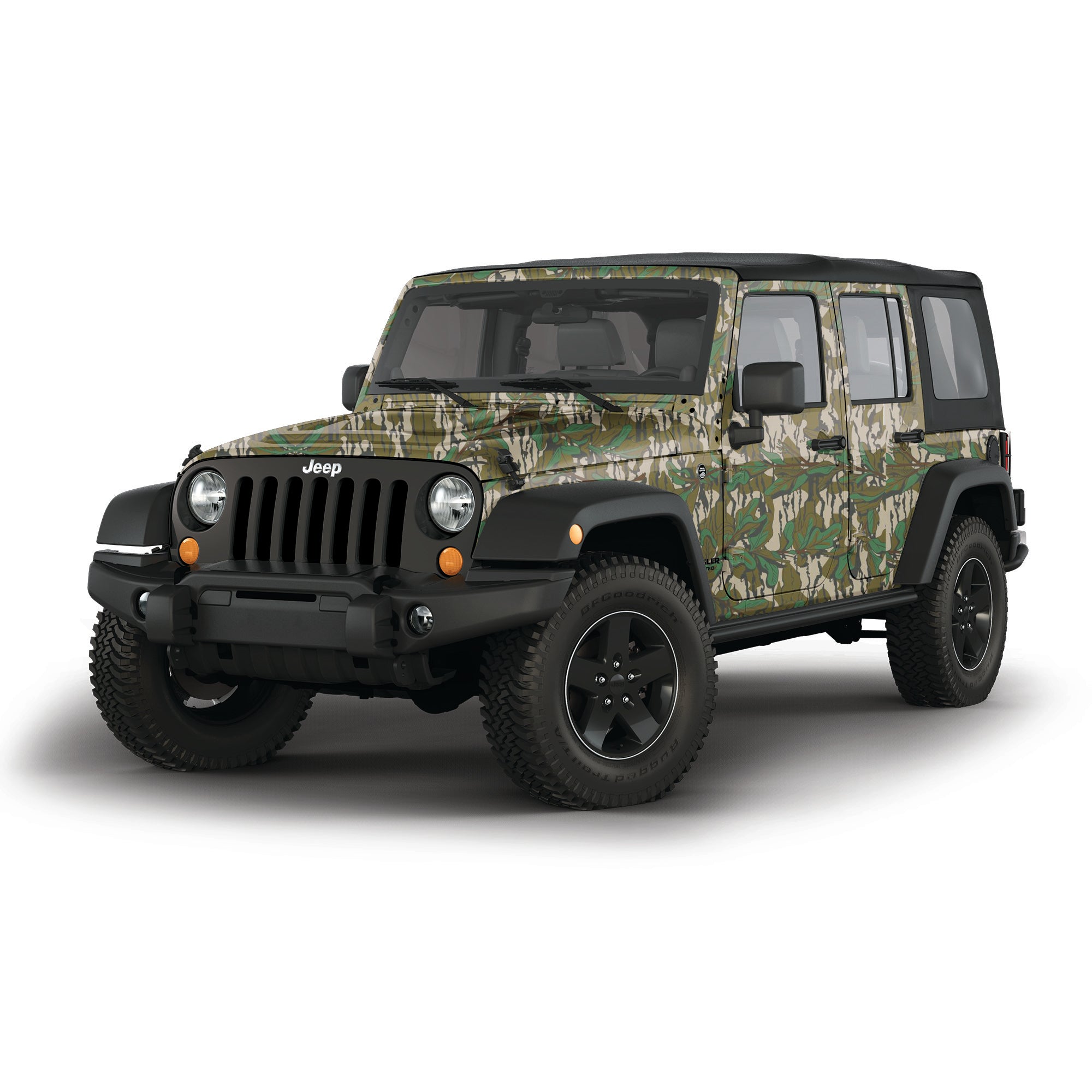 Mossy Oak Graphics 4 door Jeep Wrangler vehicle vinyl wrap in Greenleaf camo pattern