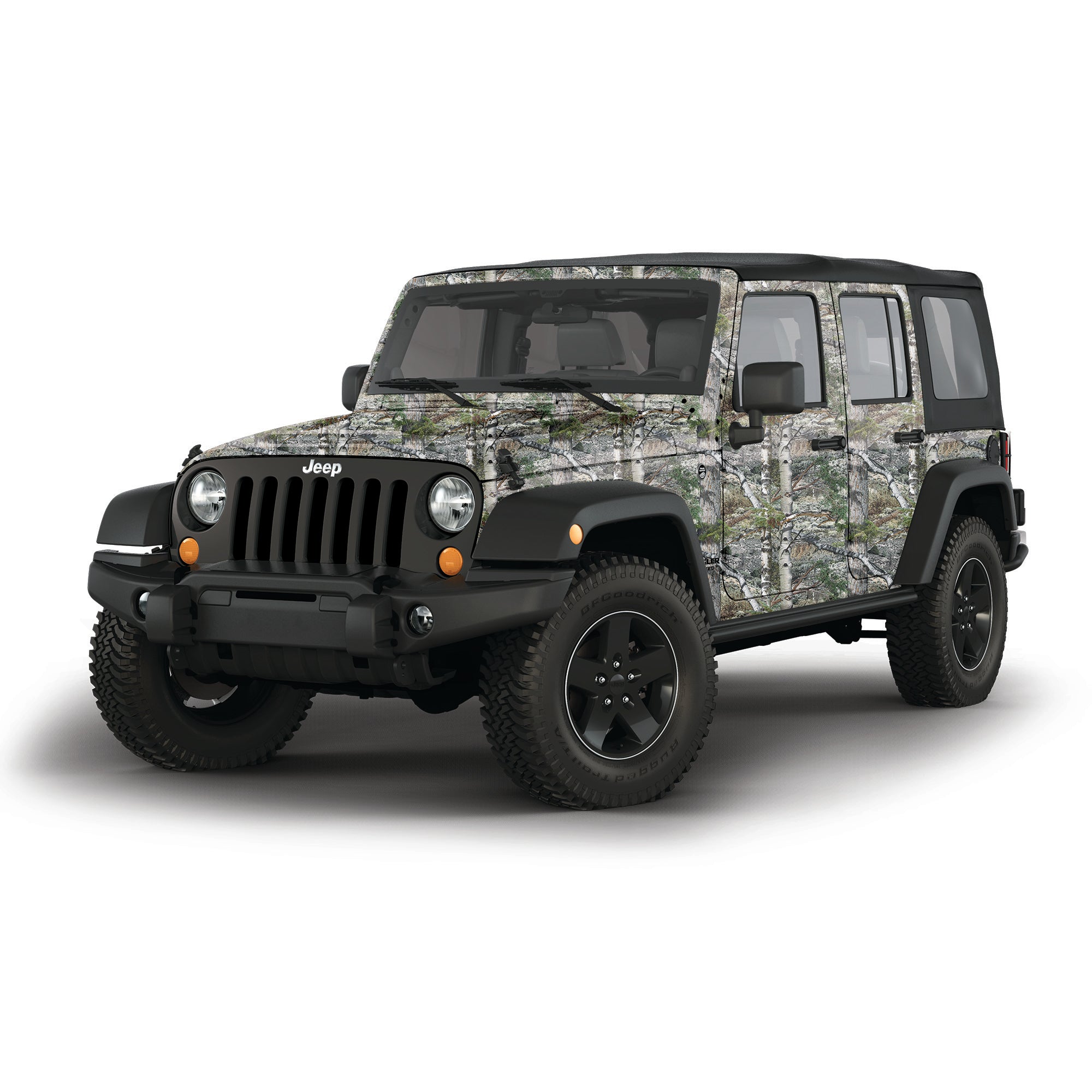 Mossy Oak Graphics vehicle vinyl wrap for 4 door Jeep Wrangler in Mountain Country camo pattern