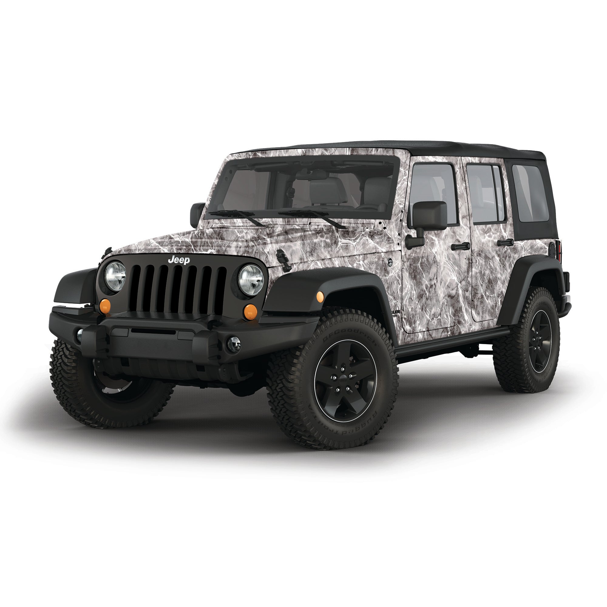 4 door Jeep Wrangler camo vinyl wrap in Elements Agua Manta pattern by Mossy Oak Graphics