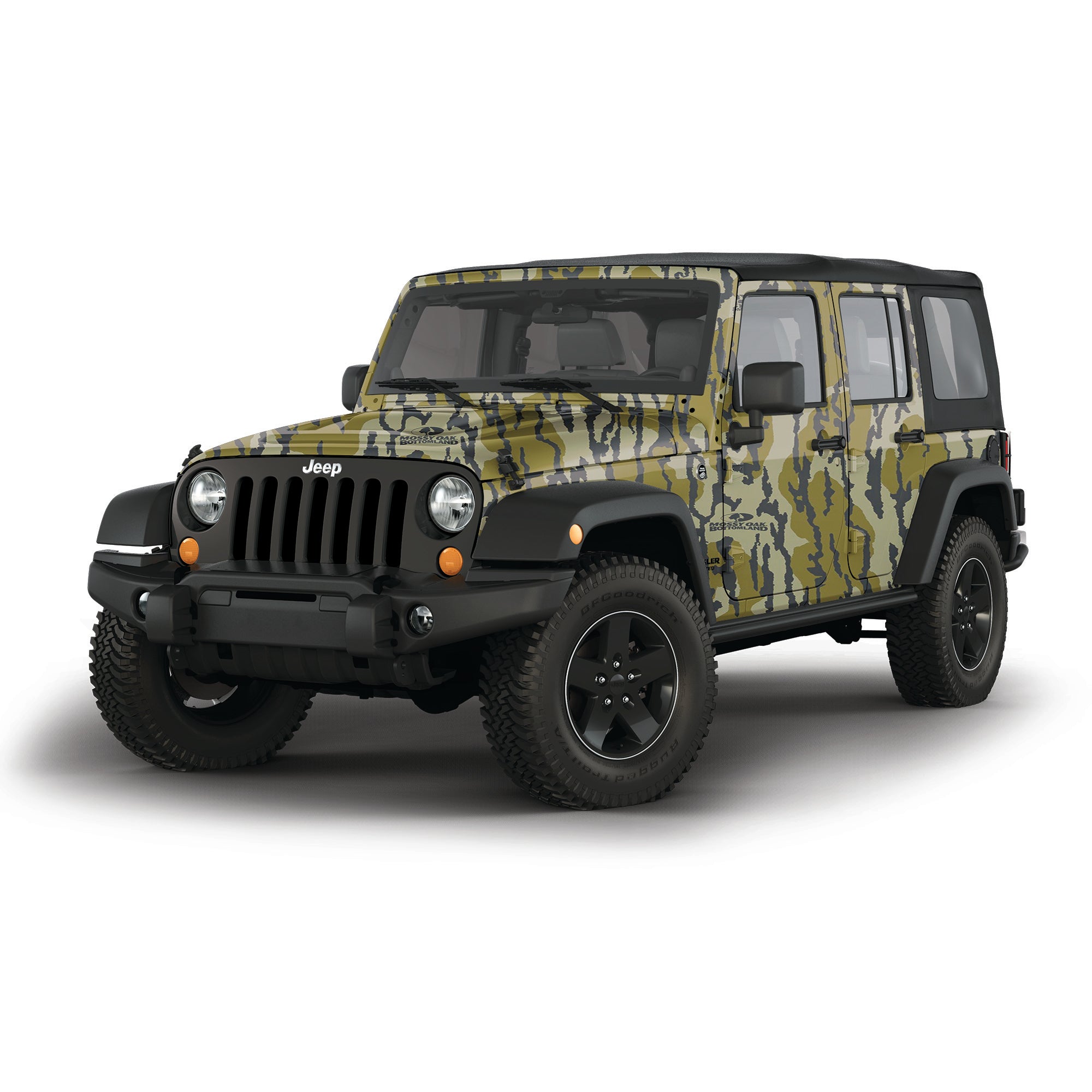 Mossy Oak Graphics vehicle vinyl wrap for 4 door Jeep Wrangler in Original Bottomland camo pattern