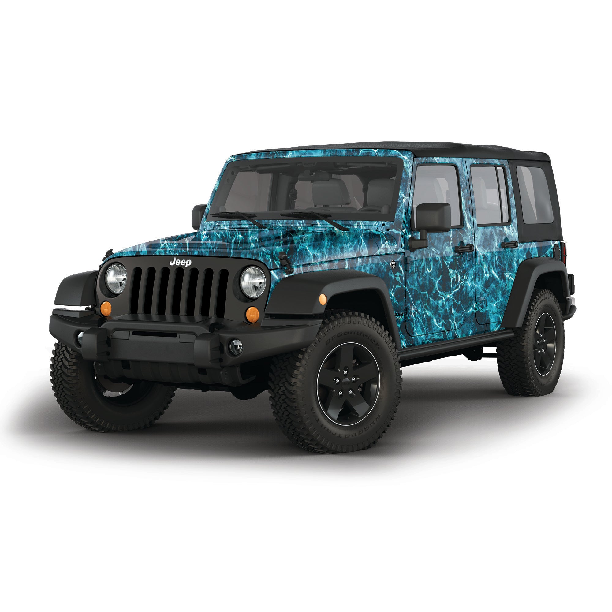 4 door Jeep Wrangler camo vinyl wrap in Elements Agua Seawater pattern by Mossy Oak Graphics