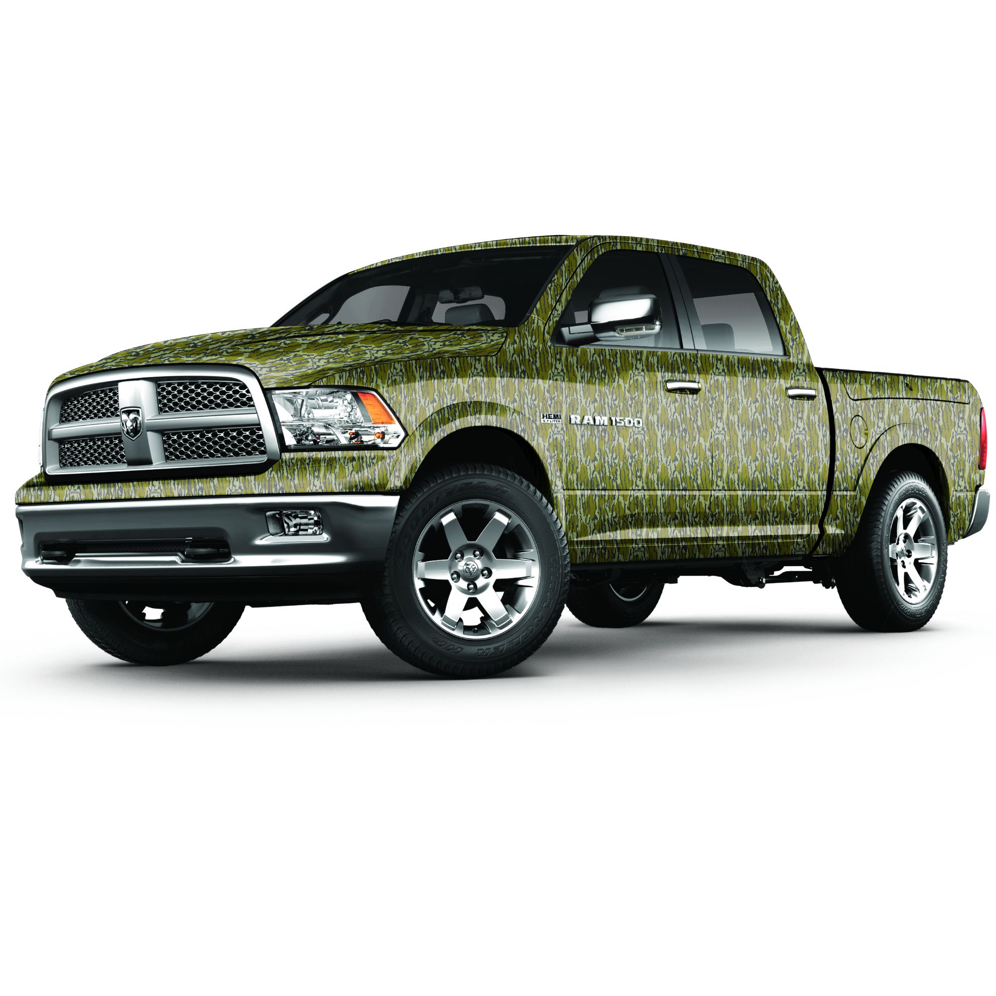Ram 1500 crew cab full sized pick up truck vinyl wrapped in Mossy Oak Graphics Original Bottomland camo pattern