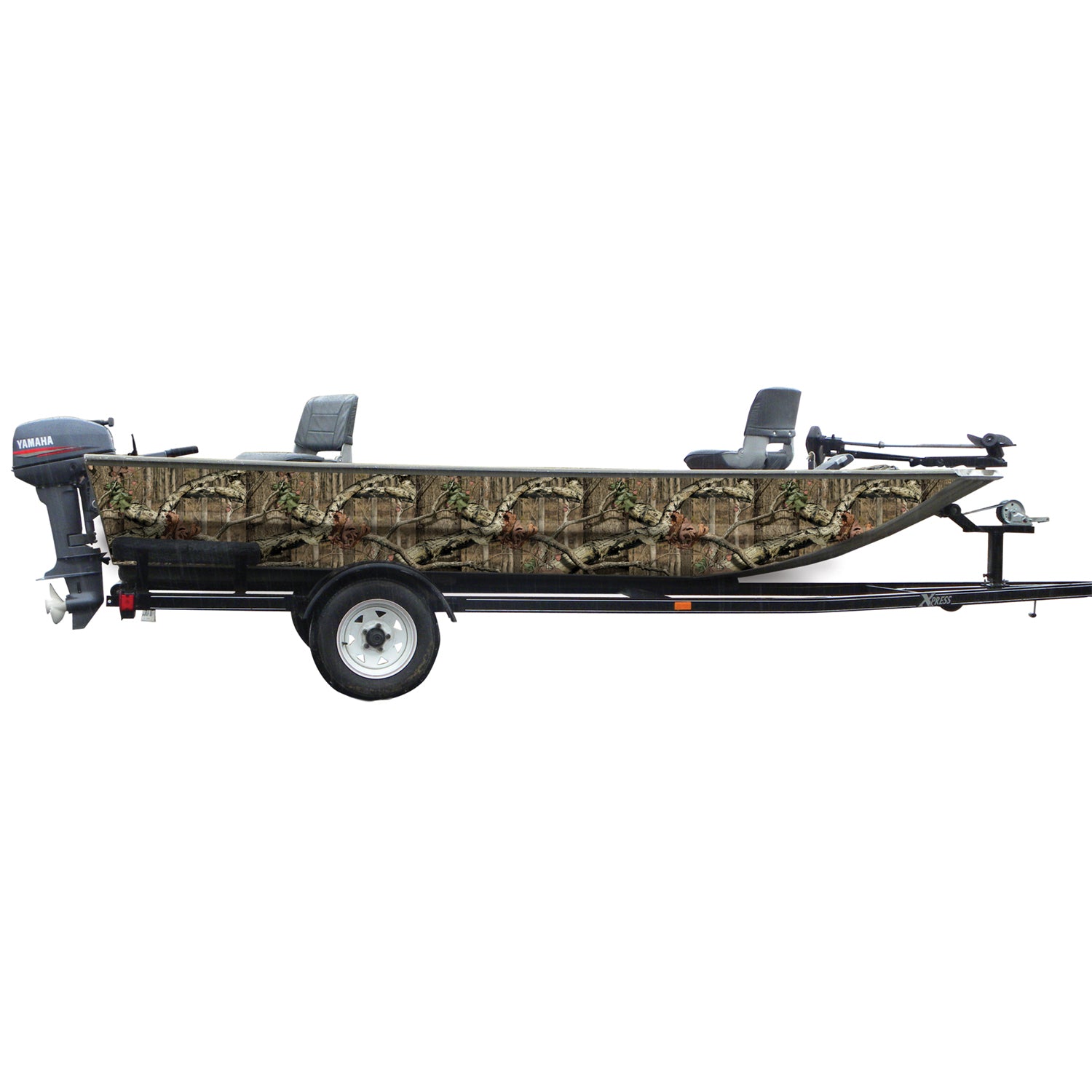 Mossy Oak Graphics camouflage boat sides vinyl wrap in Break-Up Infinity pattern.