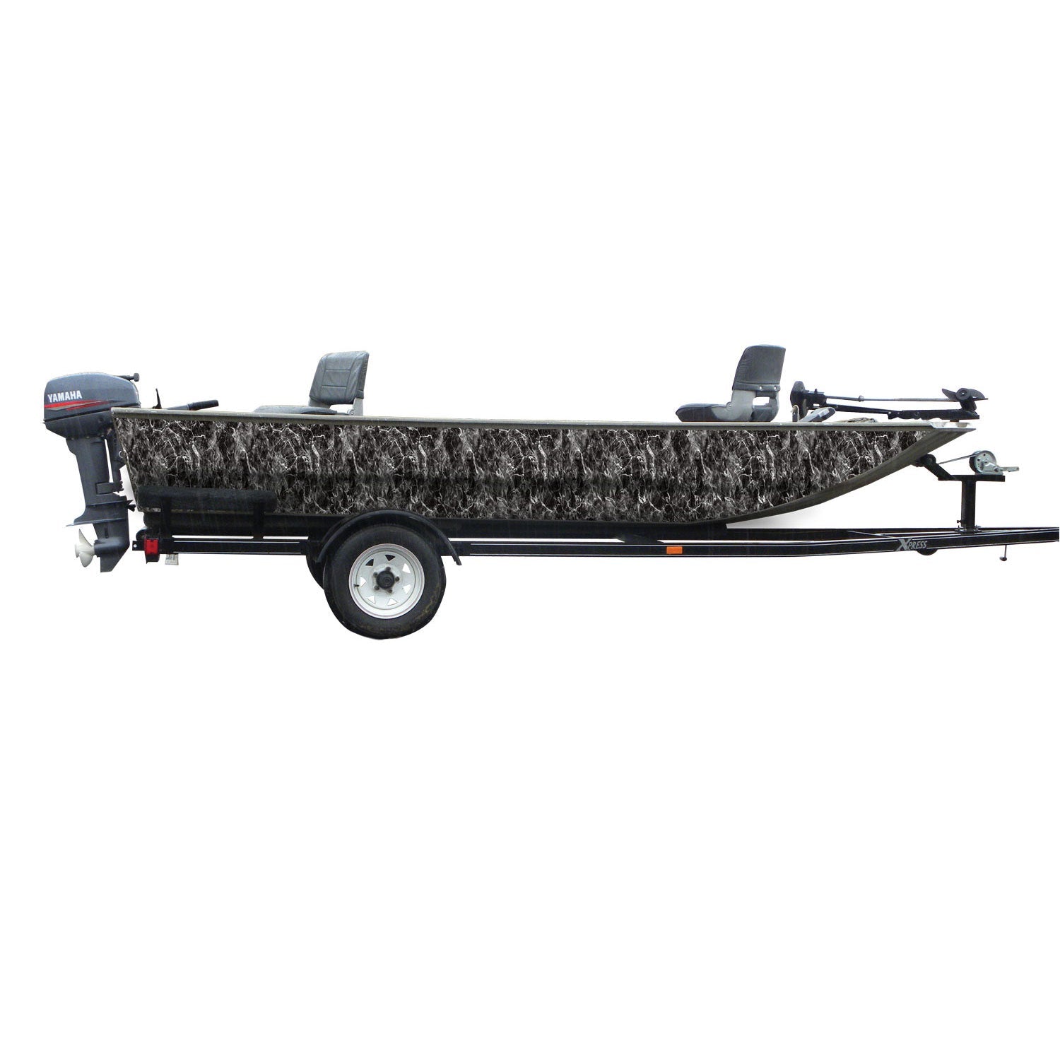 Mossy Oak Graphics camouflage boat sides vinyl wrap in Elements Agua Blacktip pattern.