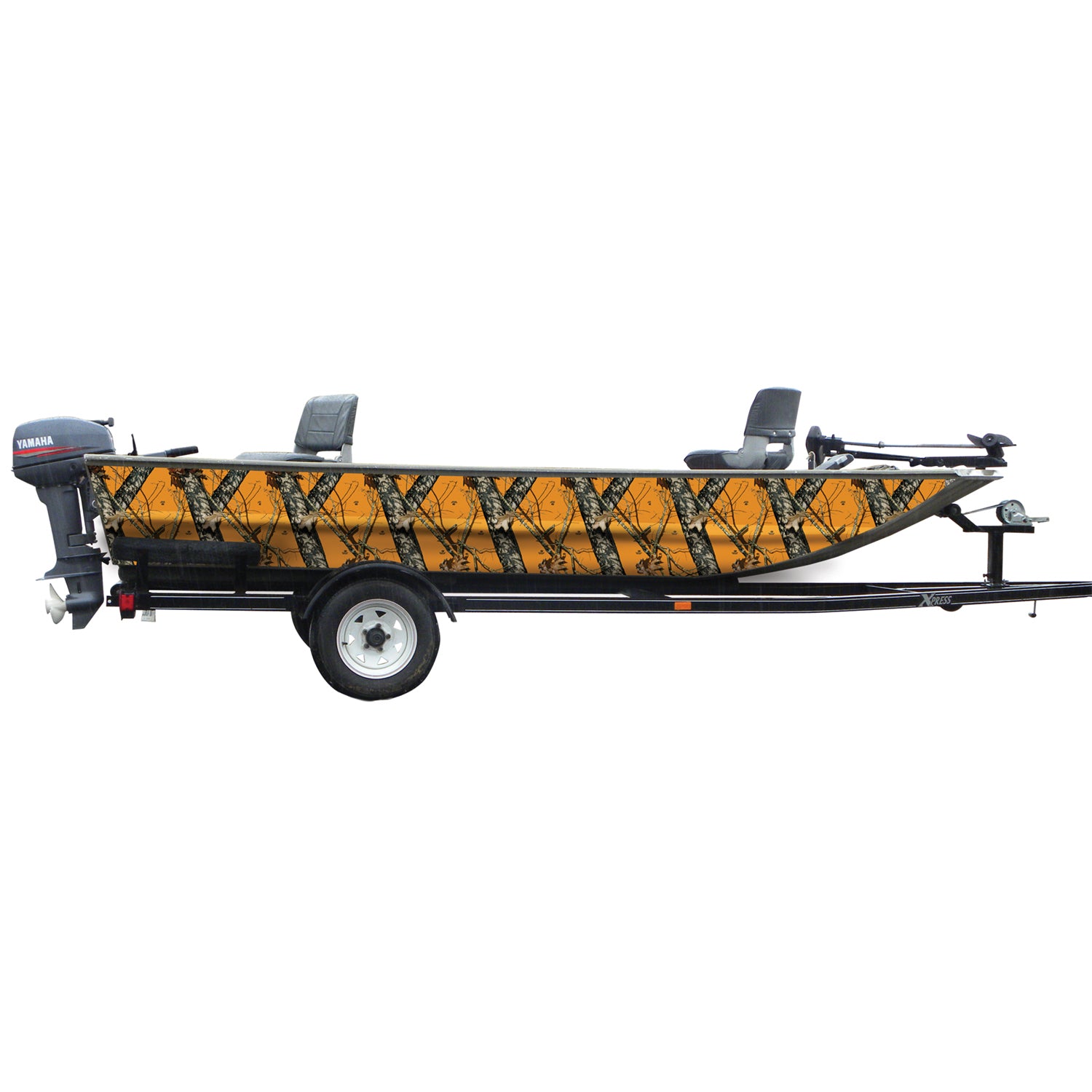Mossy Oak Graphics camouflage boat sides vinyl wrap in orange Blaze pattern.