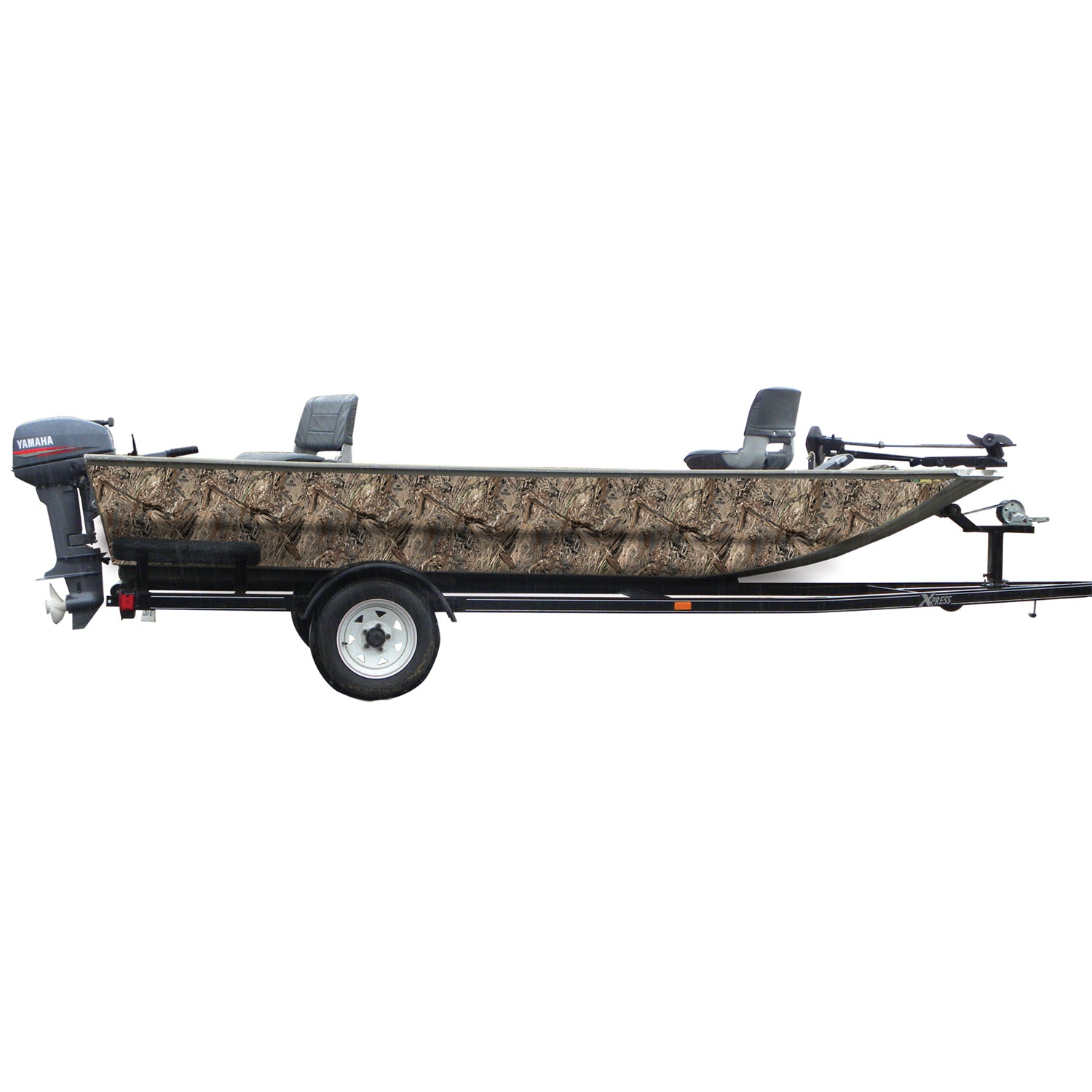 Mossy Oak Graphics camouflage boat sides vinyl wrap in Duck Blind pattern.