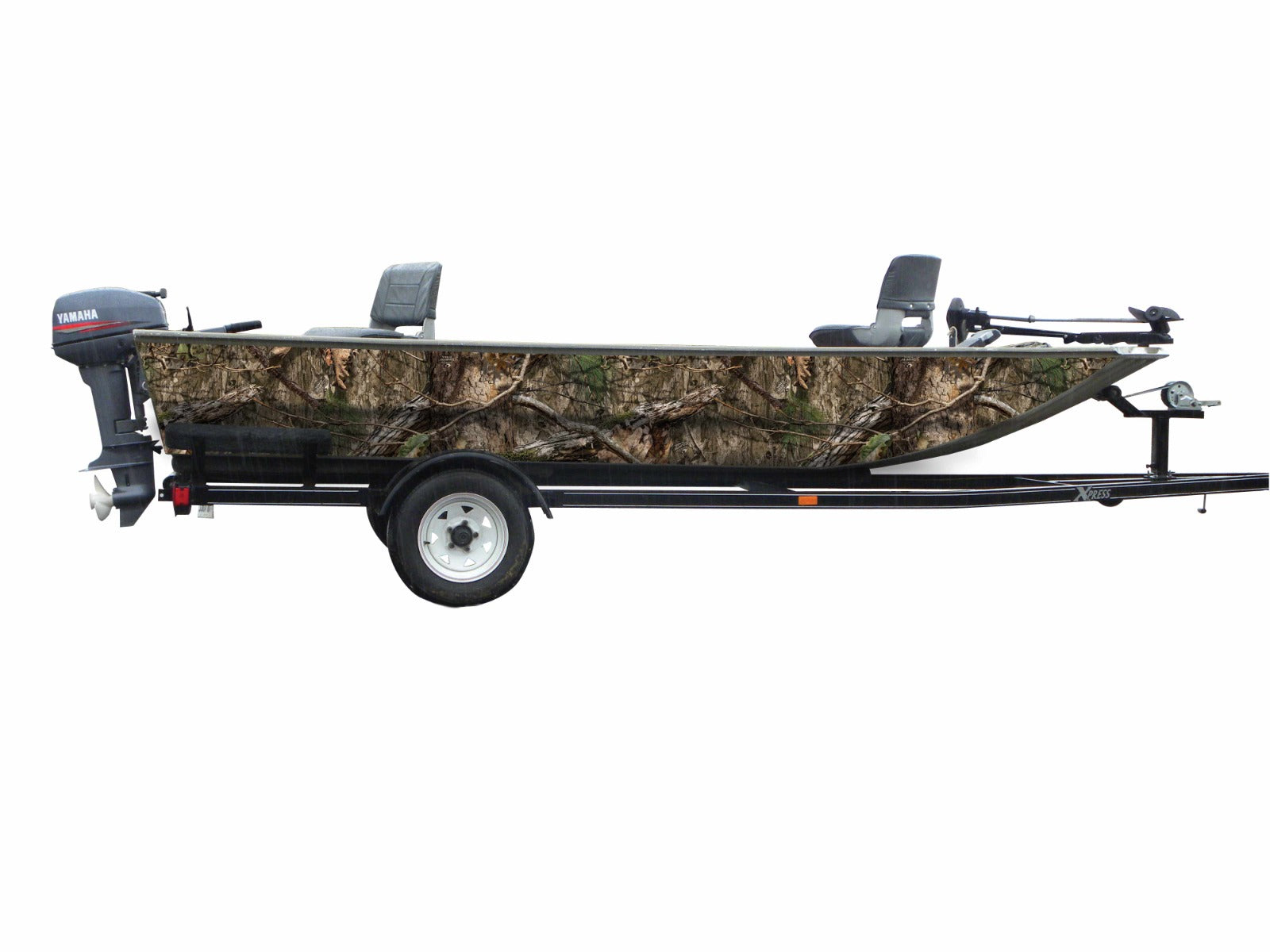 Mossy Oak Graphics camouflage boat sides vinyl wrap in Country DNA pattern.
