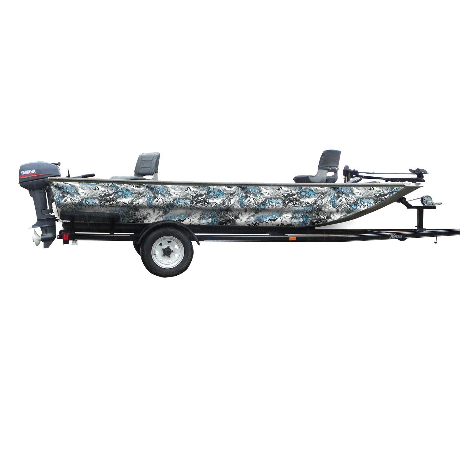 Mossy Oak Graphics camouflage boat sides vinyl wrap in Hydro Glacier pattern.
