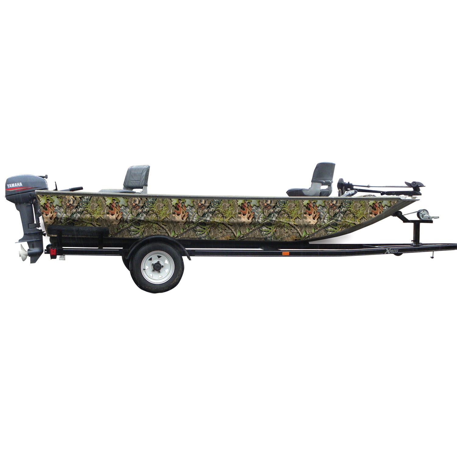 Mossy Oak Graphics camouflage boat sides vinyl wrap in Obession pattern.