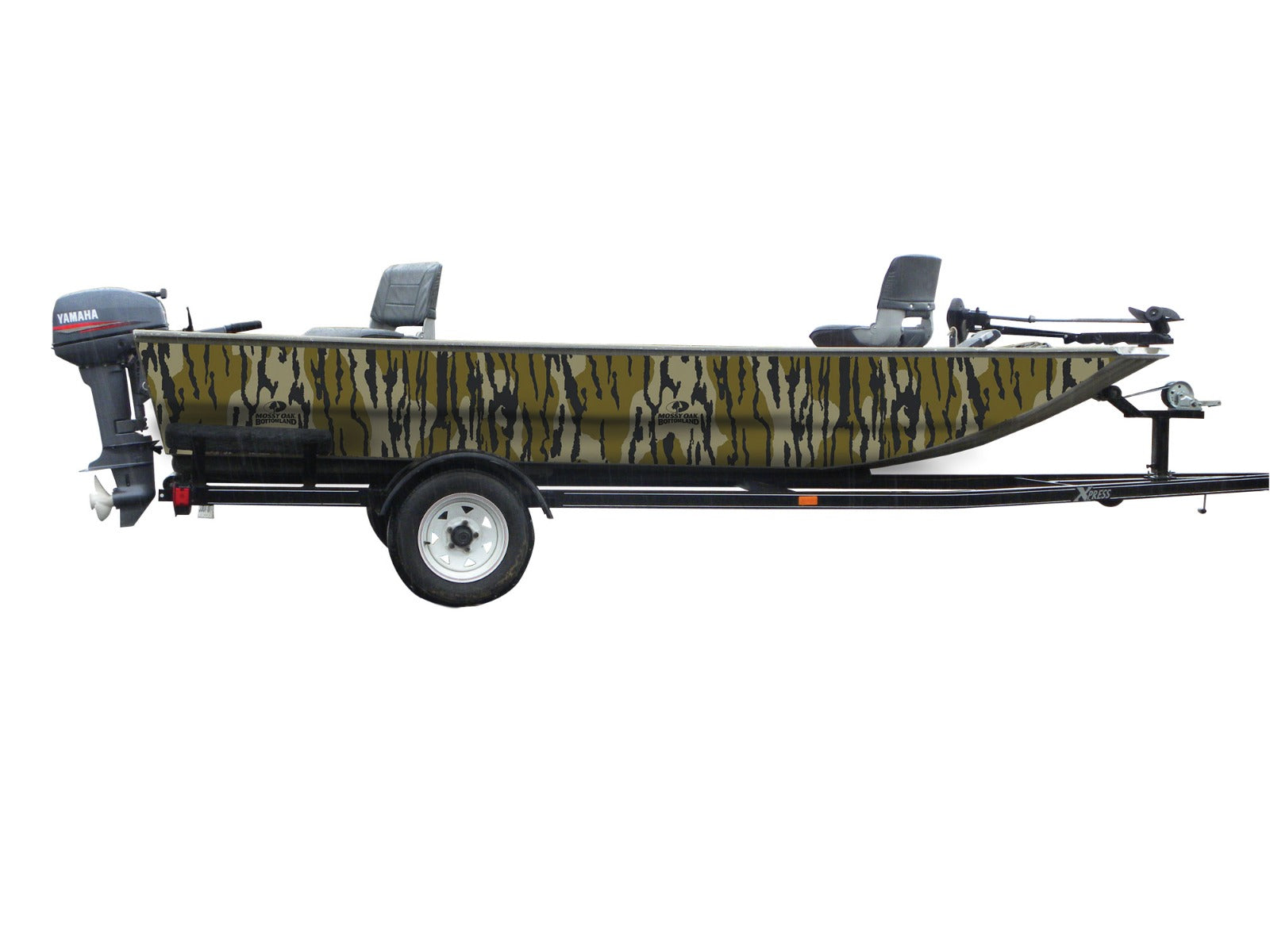 Mossy Oak Graphics camouflage boat sides vinyl wrap in Original Bottomland pattern.