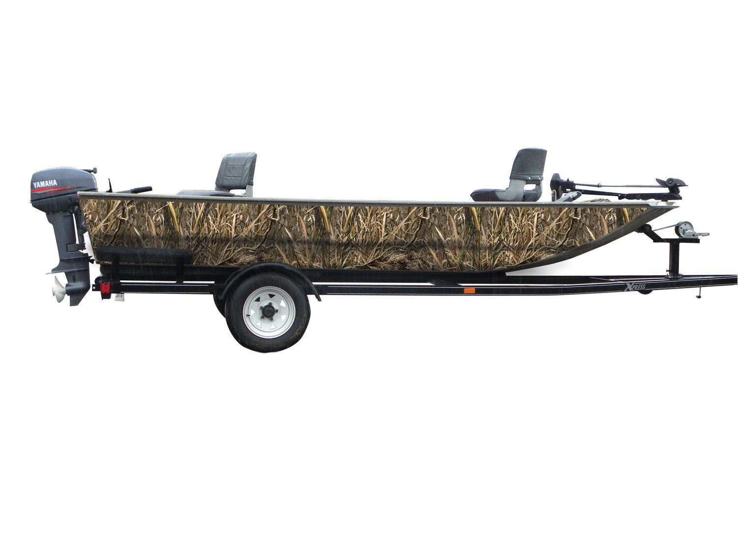 Mossy Oak Graphics camouflage boat sides vinyl wrap in Shadow Grass Habitat pattern.