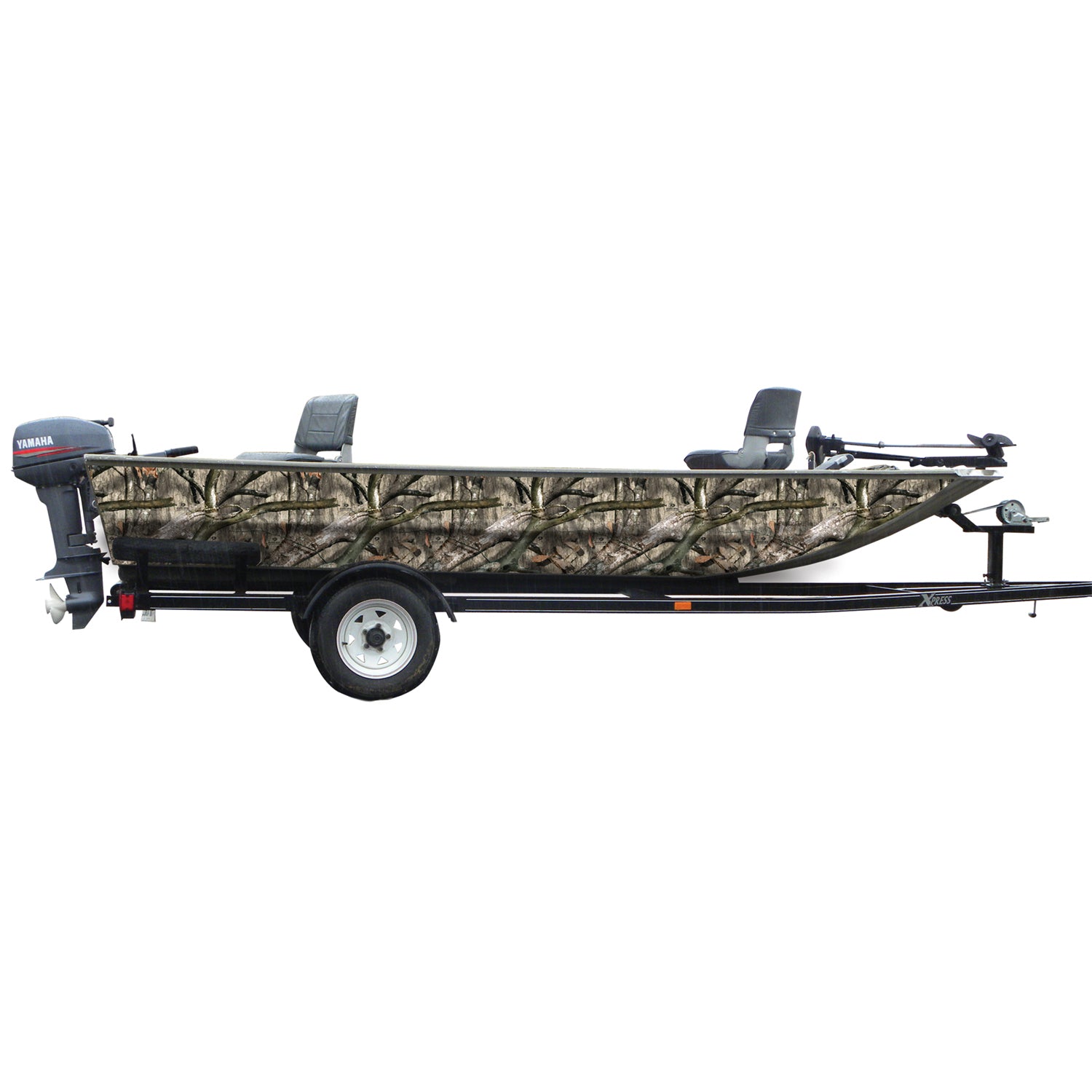 Mossy Oak Graphics camouflage boat sides vinyl wrap in Tree Stand pattern.