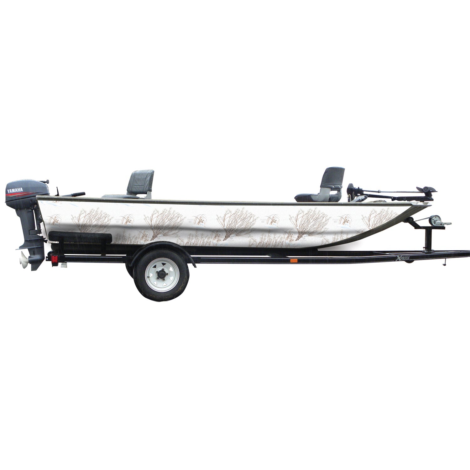Mossy Oak Graphics camouflage boat sides vinyl wrap in Winter Brush pattern.