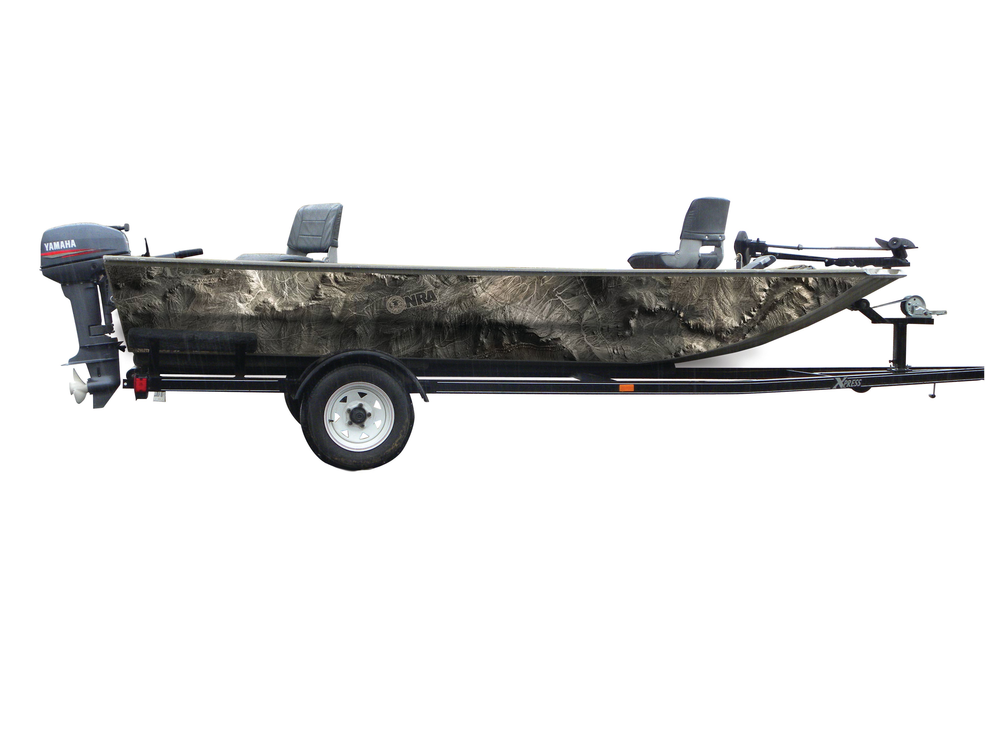 Mossy Oak Graphics vinyl boat wrap in Overwatch camo pattern