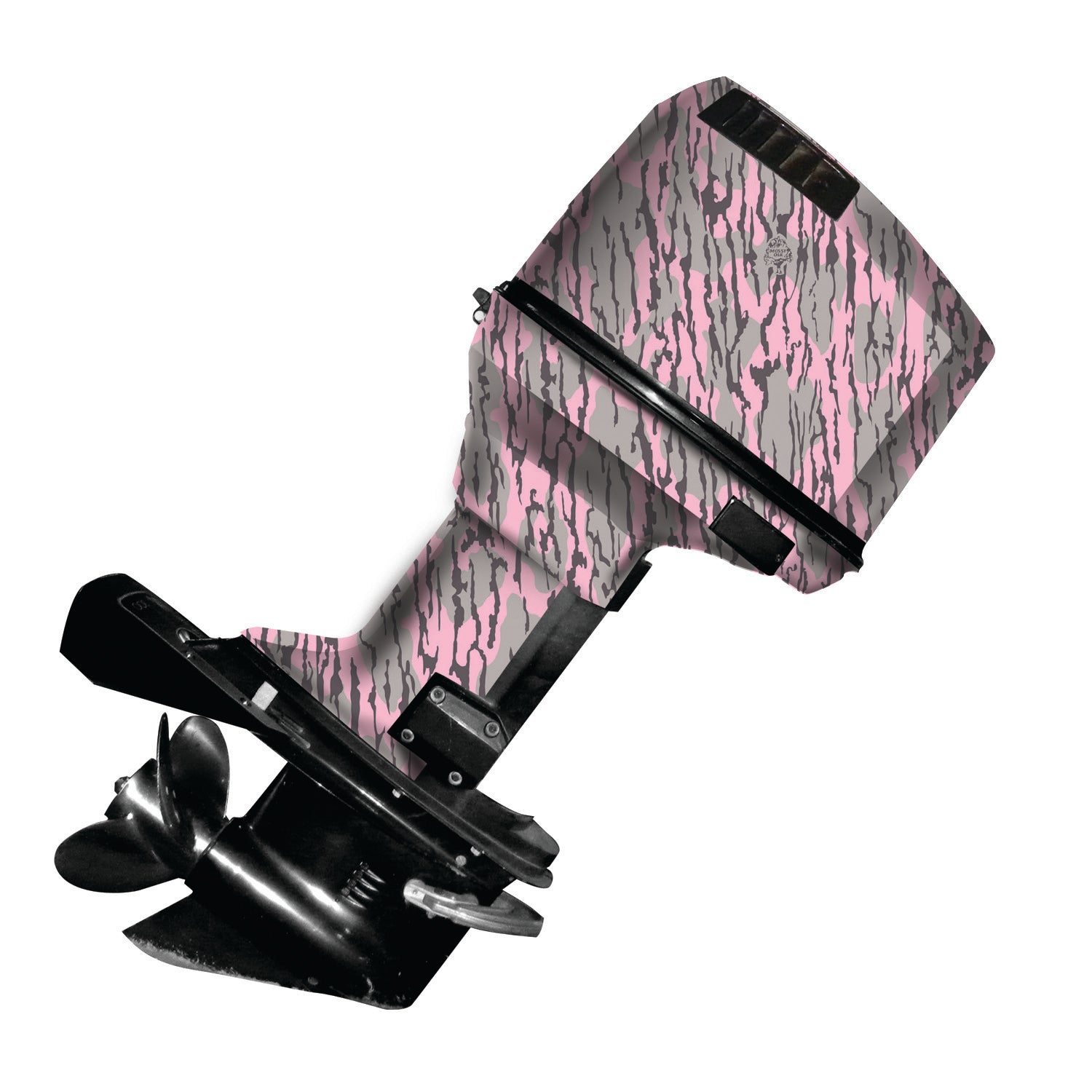 Mossy Oak Graphics vinyl boat motor wrap in Bottomland Pink camo pattern