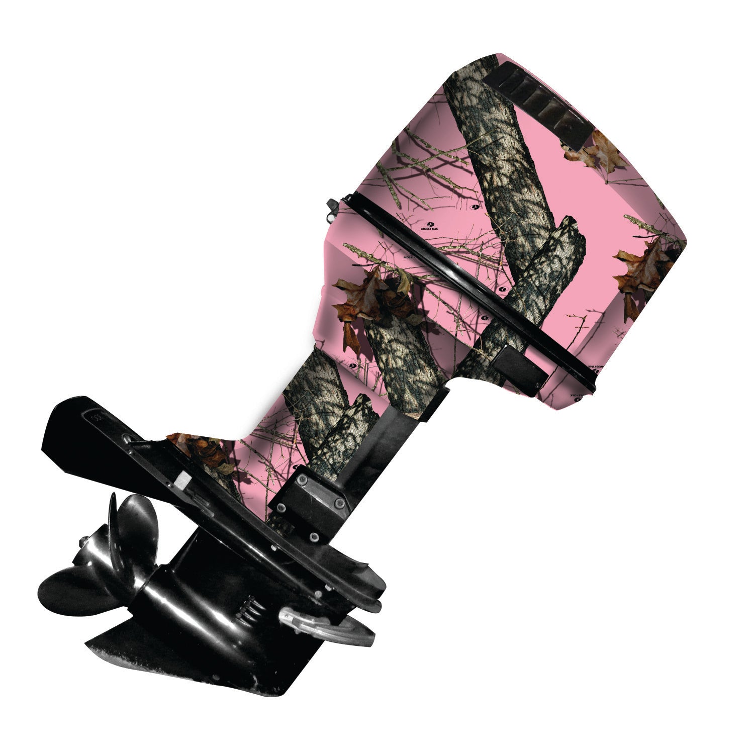 Mossy Oak Graphics vinyl boat motor wrap in Break-Up Pink camo pattern