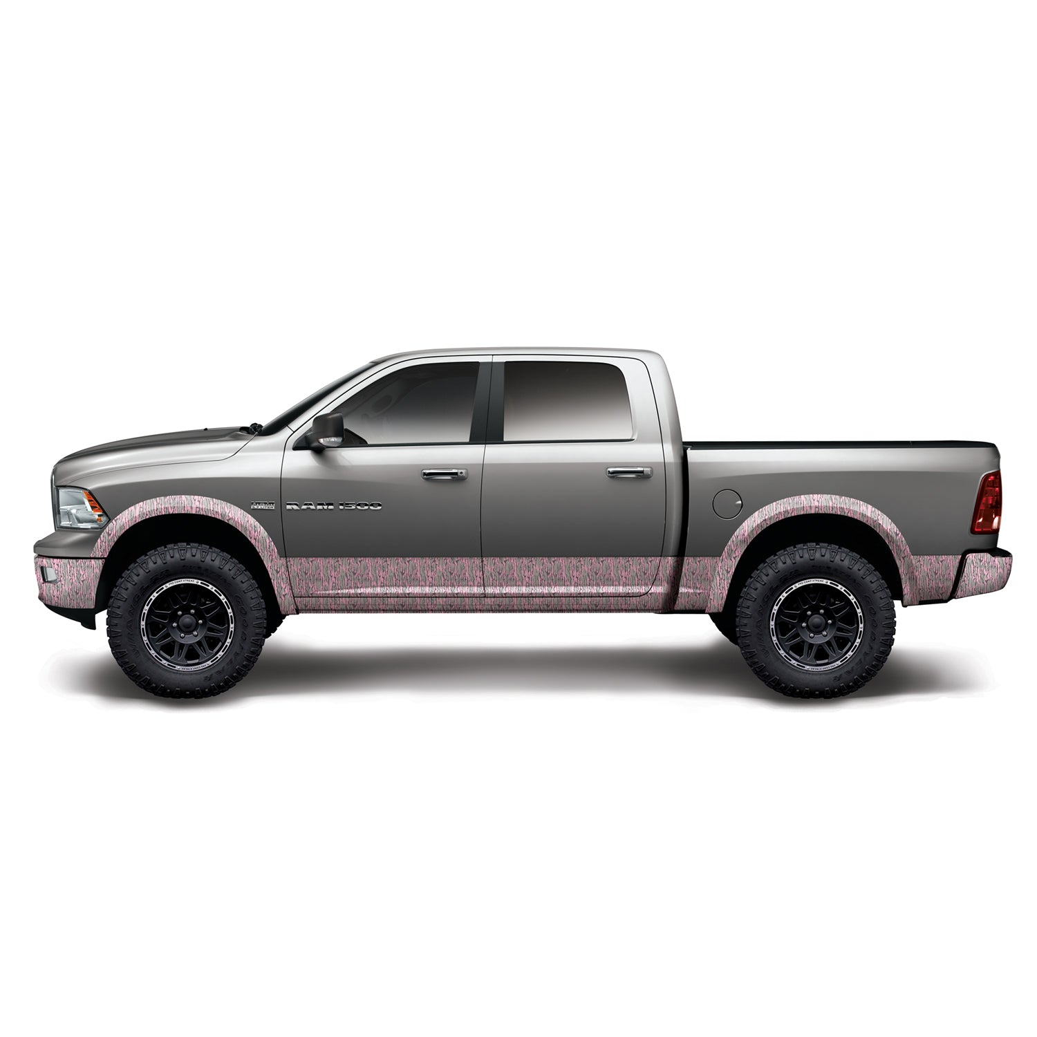 Sideview of Mossy Oak Graphics Bottomland Pink camo pattern for truck rocker panels, lower front & rear bumper, plus fender flares.