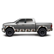 Side view of Ram 1500 crew cab truck with Mossy Oak Graphic Winter Brush camo pattern for rocker panels, lower front & rear bumper, plus fender flares.