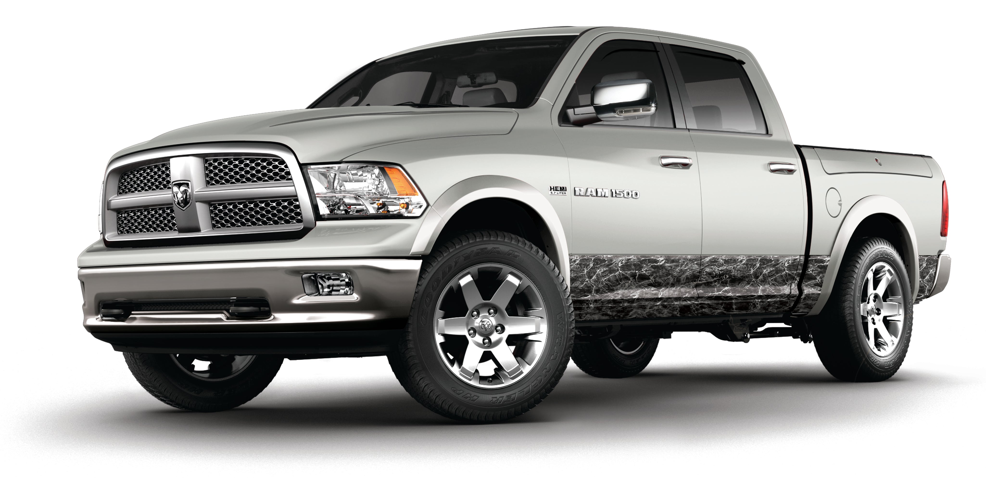Crew cab full sized pick up truck vinyl wrapped rocker panels  in Mossy Oak Graphics Elements Agua Blacktip camo pattern