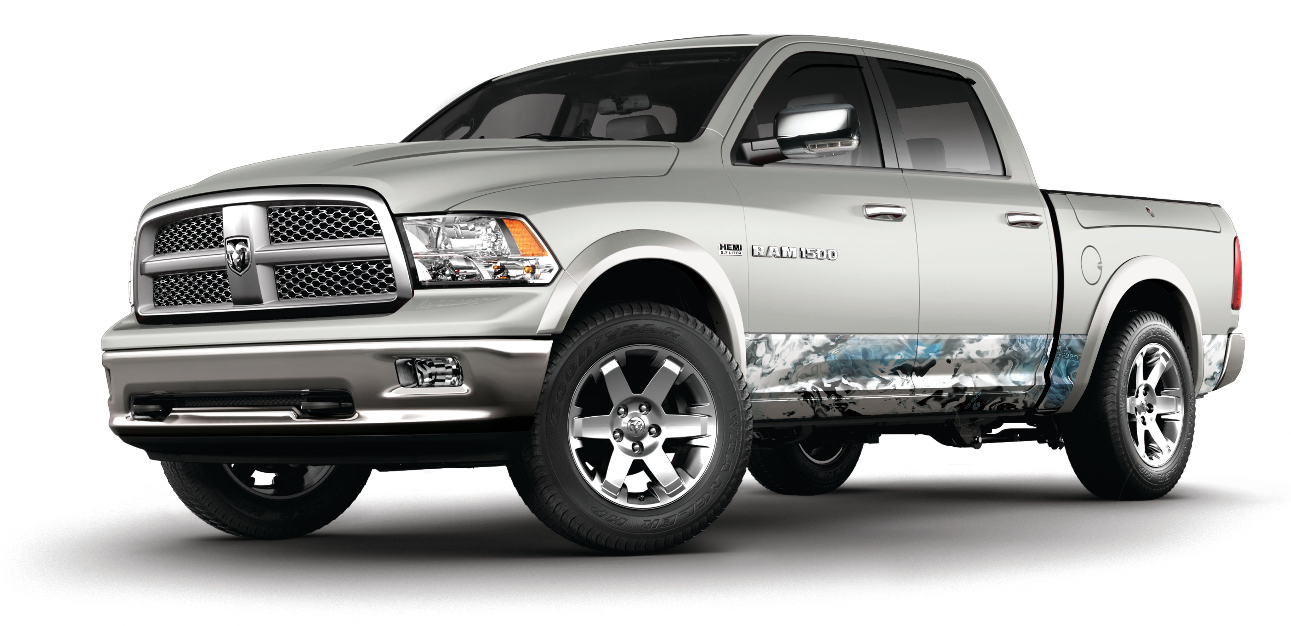 Crew cab full sized pick up truck vinyl wrapped rocker panels in Mossy Oak Graphics Hydro camo pattern