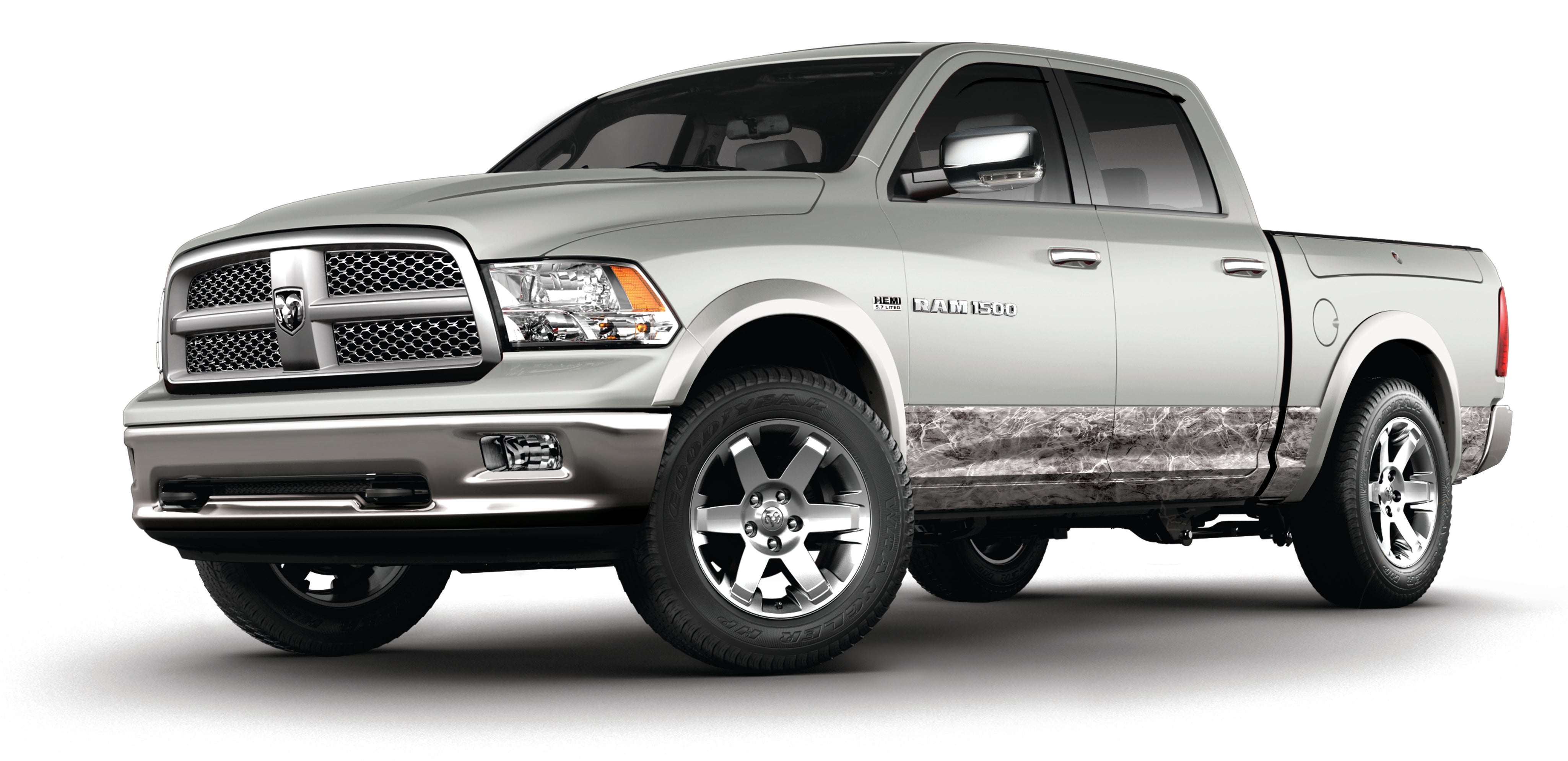 Crew cab full sized pick up truck vinyl wrapped rocker panels in Mossy Oak Graphics Elements Agua Manta camo pattern