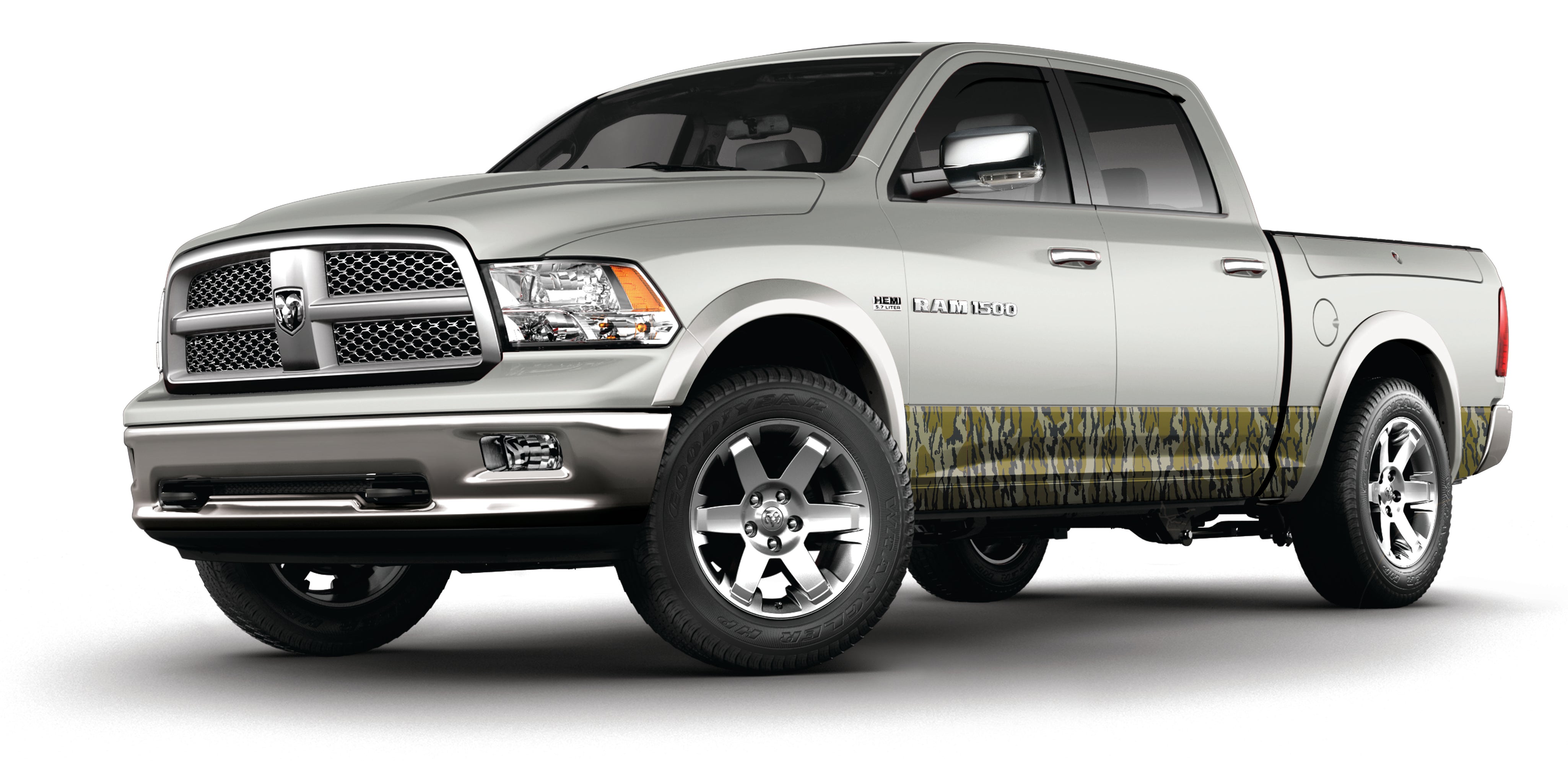 Crew cab full sized pick up truck vinyl wrapped rocker panels in Mossy Oak Graphics Original Bottomland camo pattern
