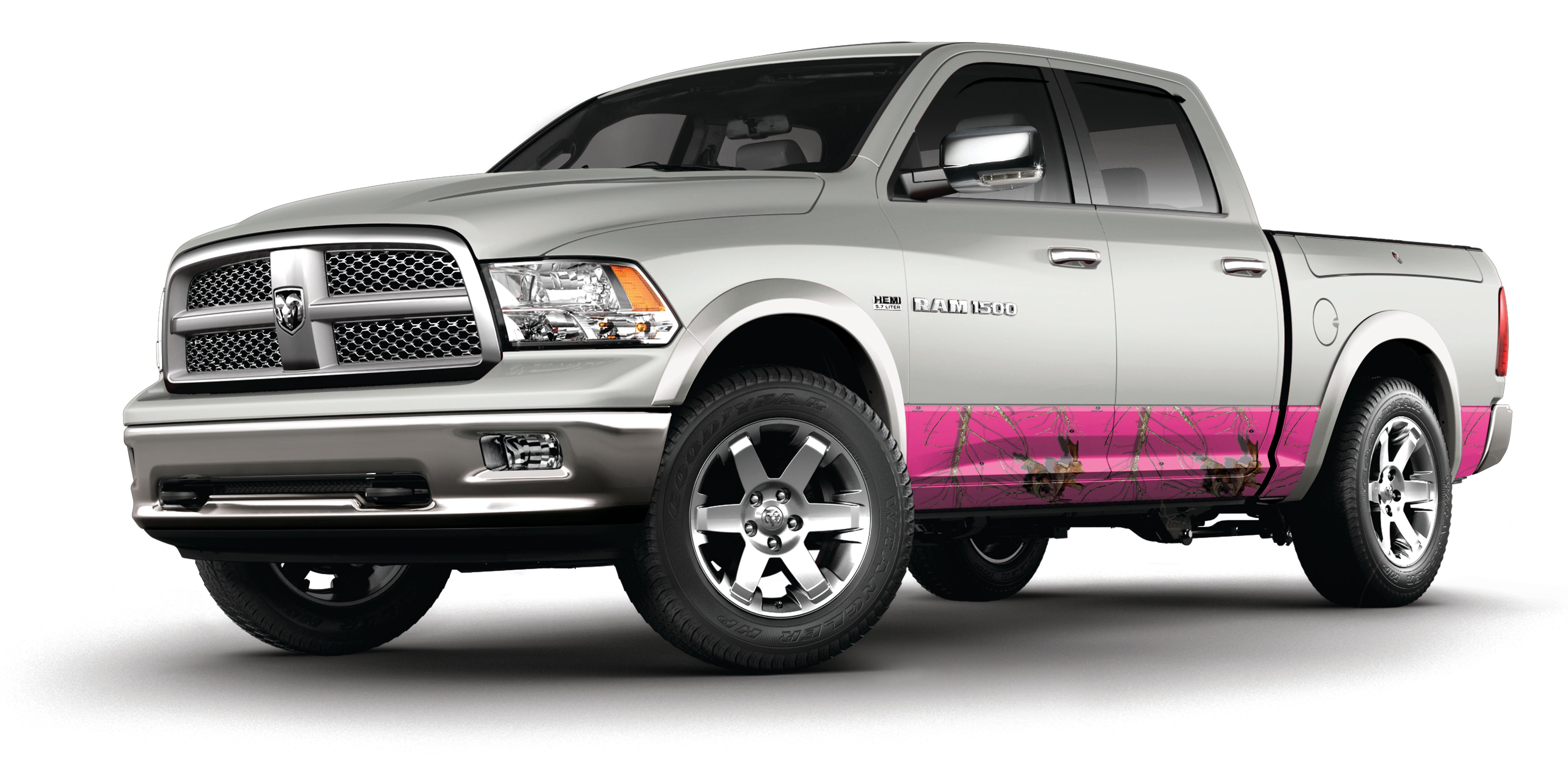 Crew cab full sized pick up truck vinyl wrapped rocker panels in Mossy Oak Graphics Lifestyle Pink camo pattern