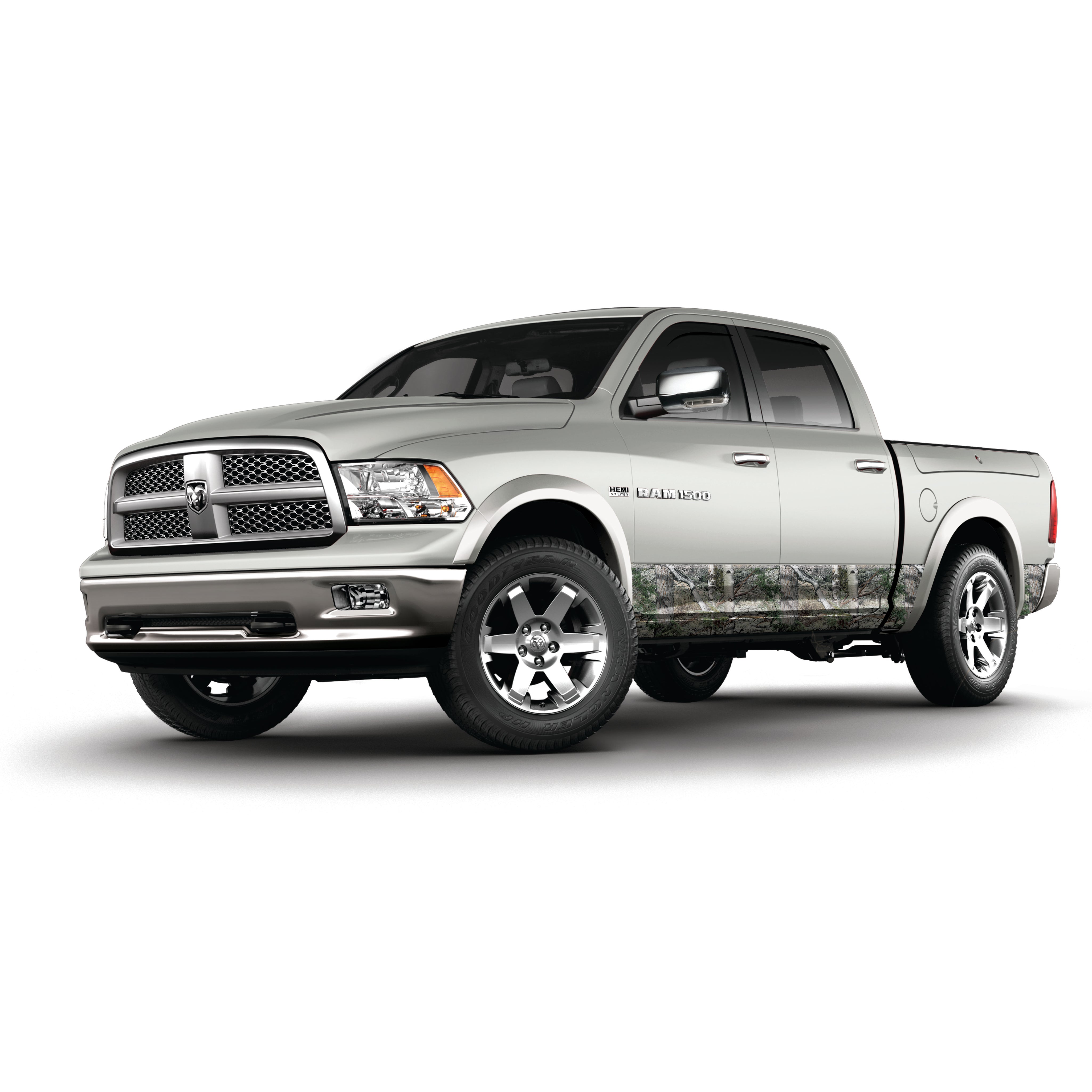 Crew cab full sized pick up truck vinyl wrapped rocker panels in Mossy Oak Graphics Mountain Country camo pattern