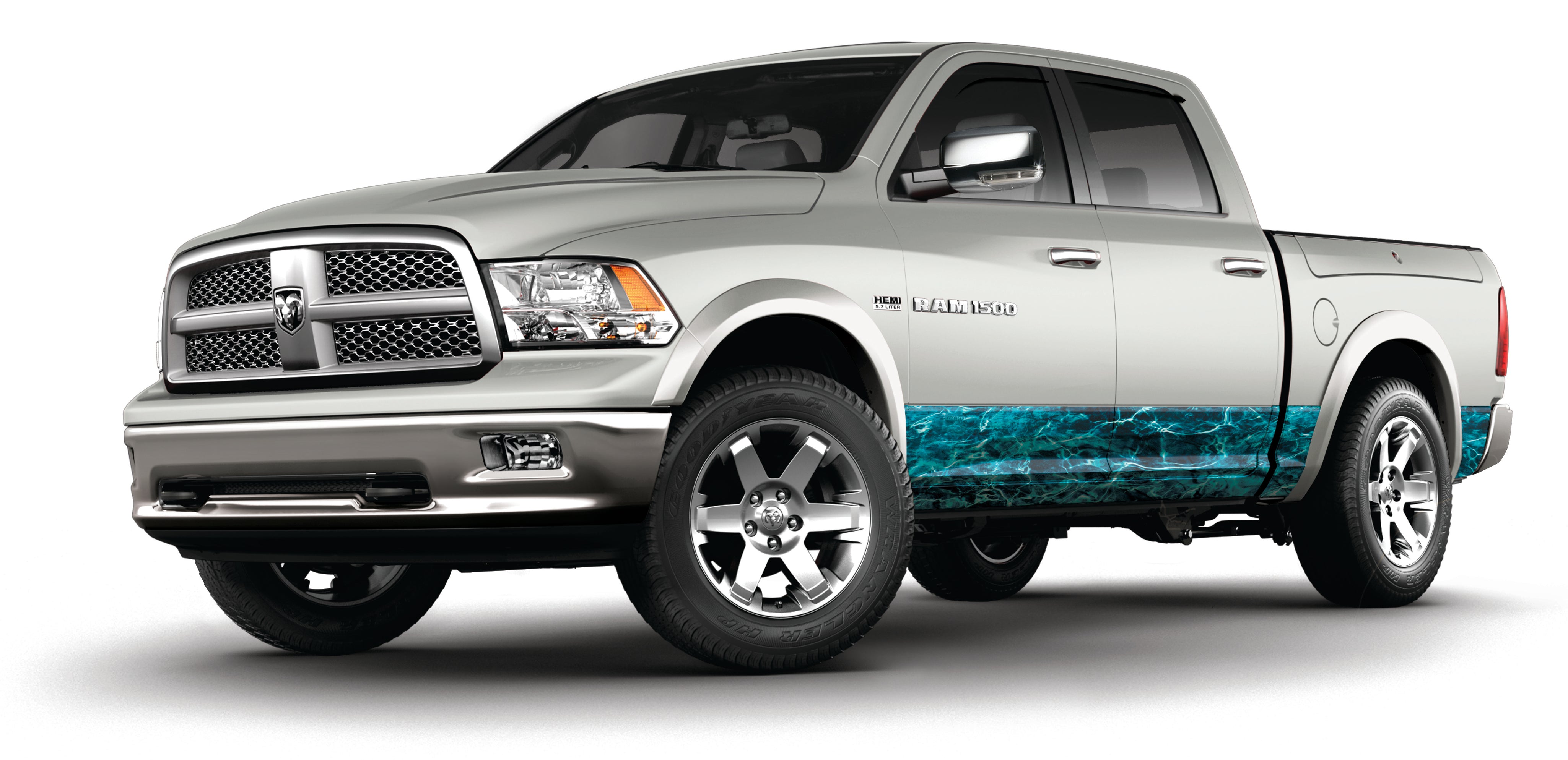 Crew cab full sized pick up truck vinyl wrapped rocker panels in Mossy Oak Graphics Elements Agua Seawater camo pattern
