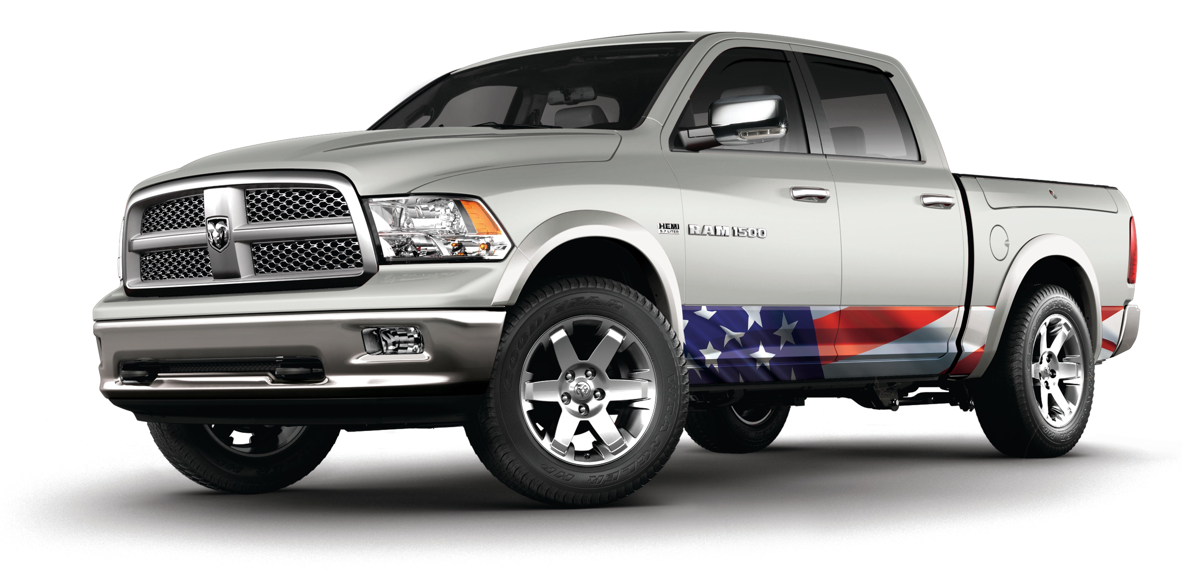 Crew cab full sized pick up truck vinyl wrapped rocker panels in Mossy Oak Graphics USA pattern