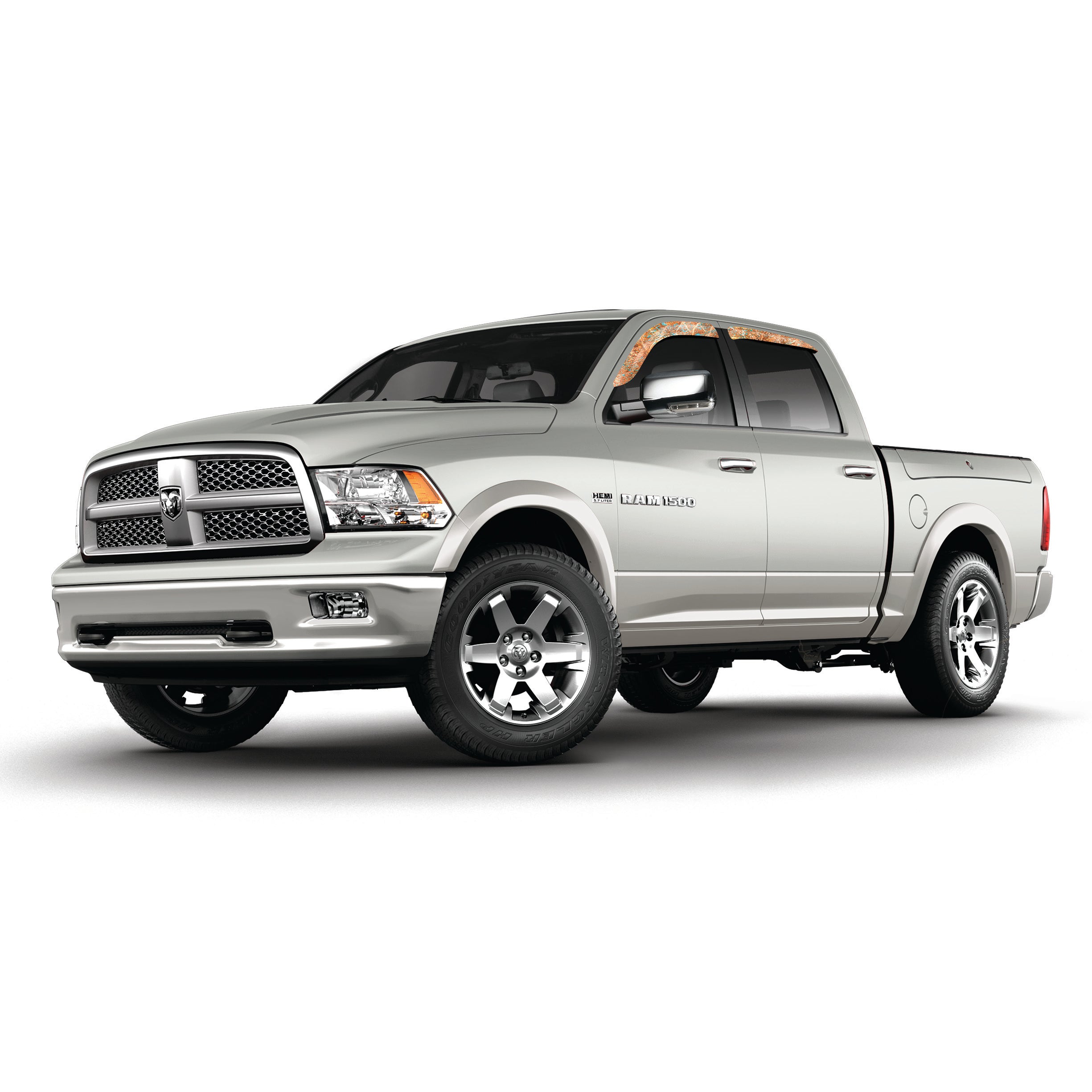 Camo vinyl wrapped rain guard side window deflectors in Mossy Oak Elements Coastal Coral camouflage pattern