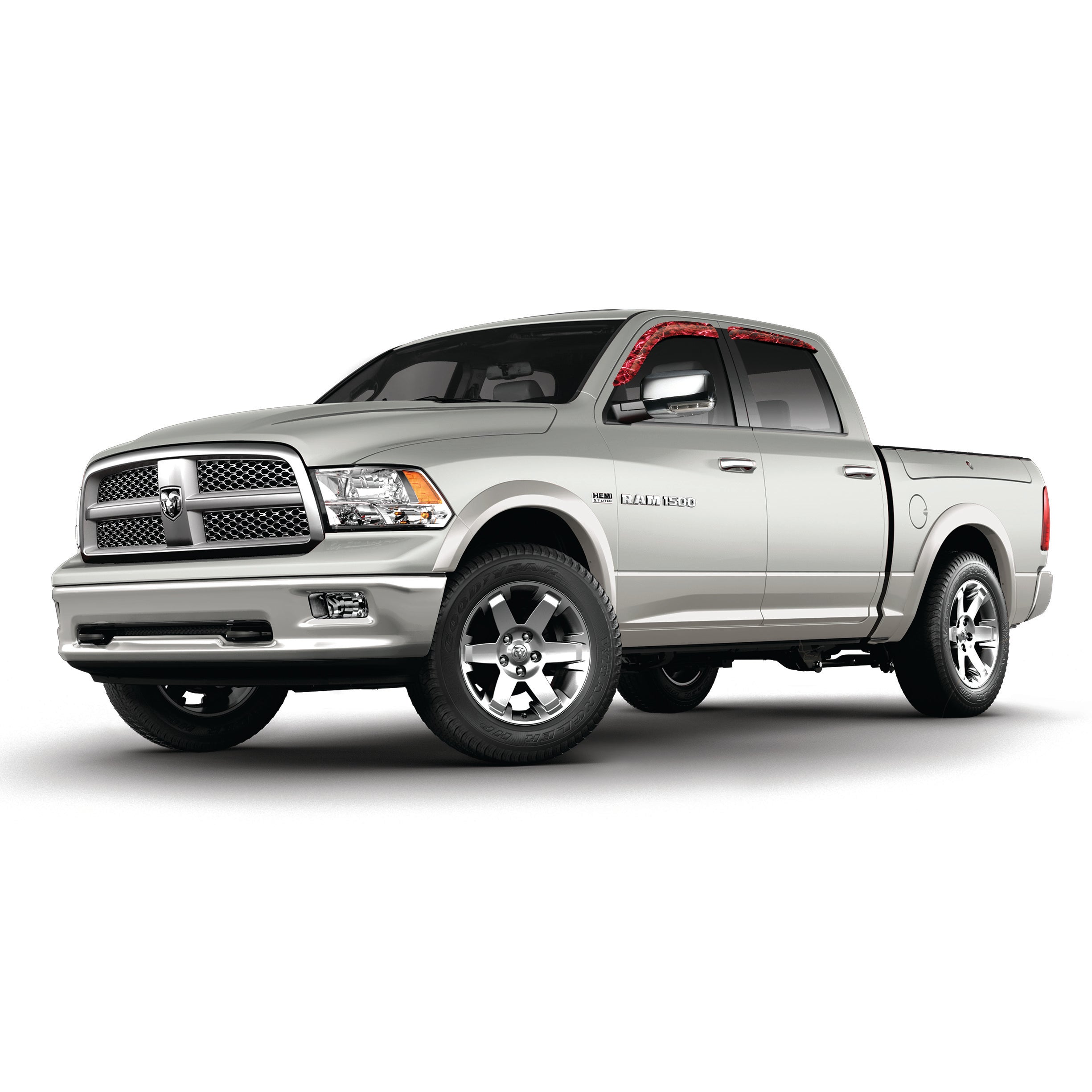 Camo vinyl wrapped rain guard side window deflectors in Mossy Oak Elements Agua Crimson camouflage pattern