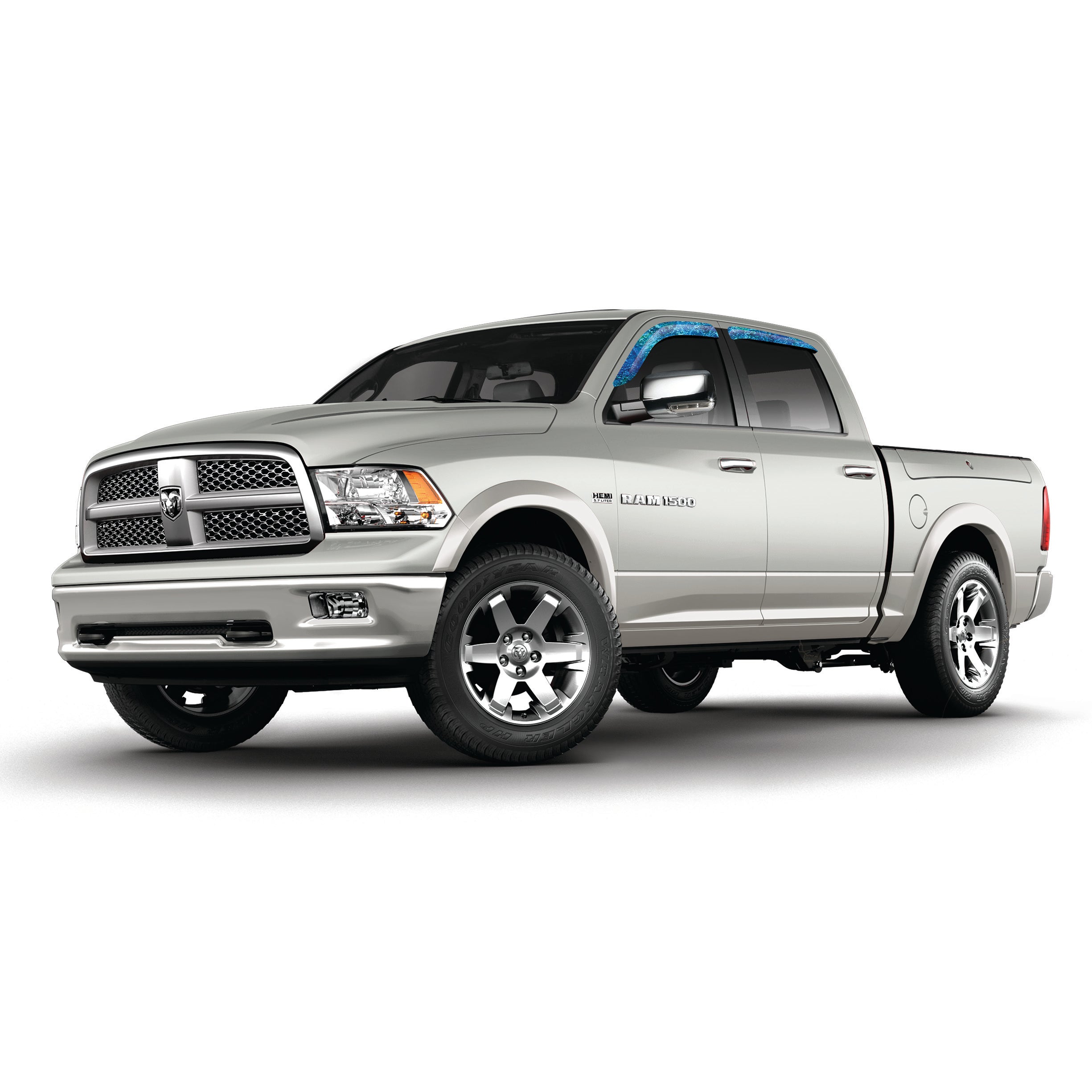 Camo vinyl wrapped rain guard side window deflectors in Mossy Oak Elements Coastal Inshore camouflage pattern