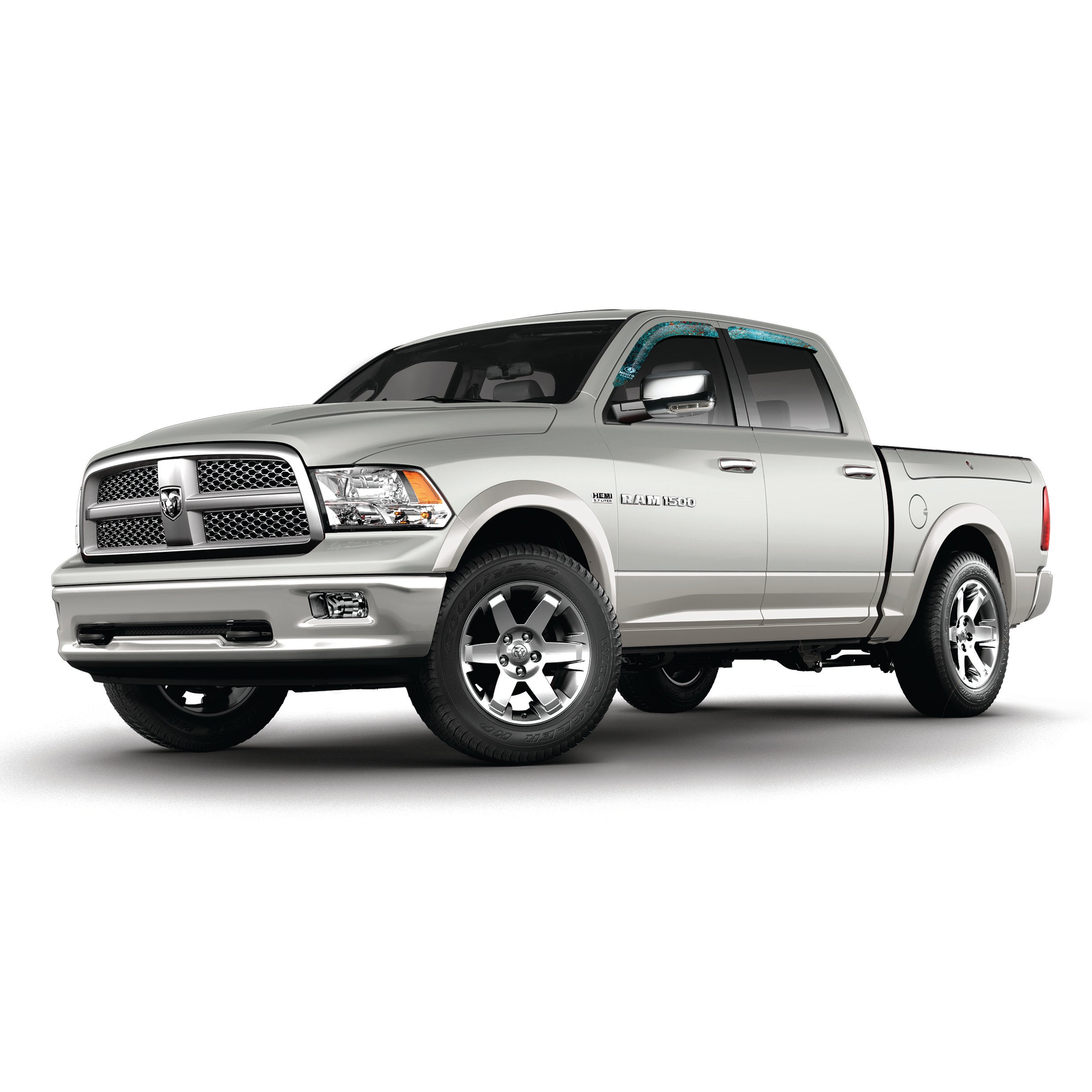 Camo vinyl wrapped rain guard side window deflectors in Mossy Oak Elements Coastal King Fisher camouflage pattern