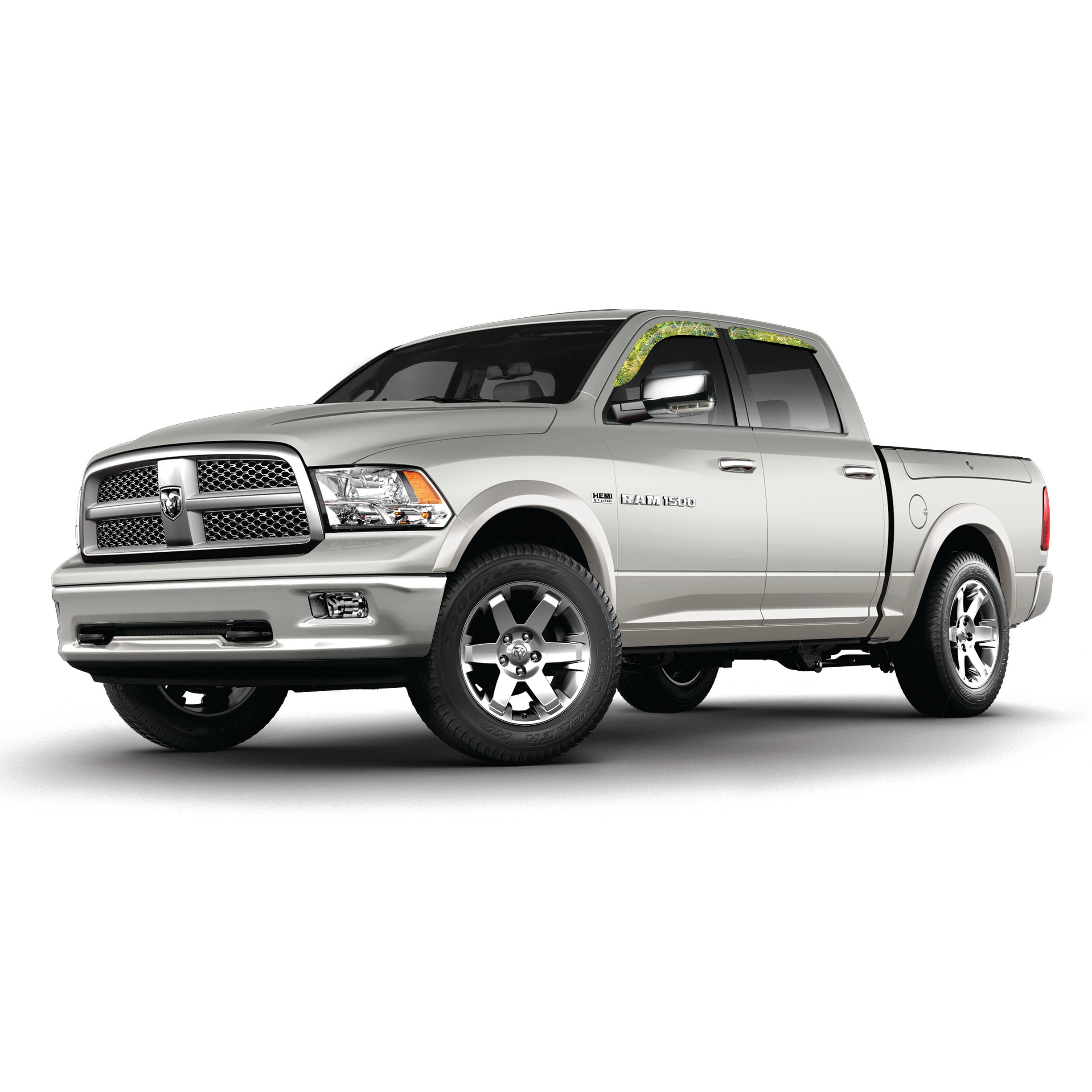 Camo vinyl wrapped rain guard side window deflectors in Mossy Oak Elements Agua Mahi Mahi camouflage pattern