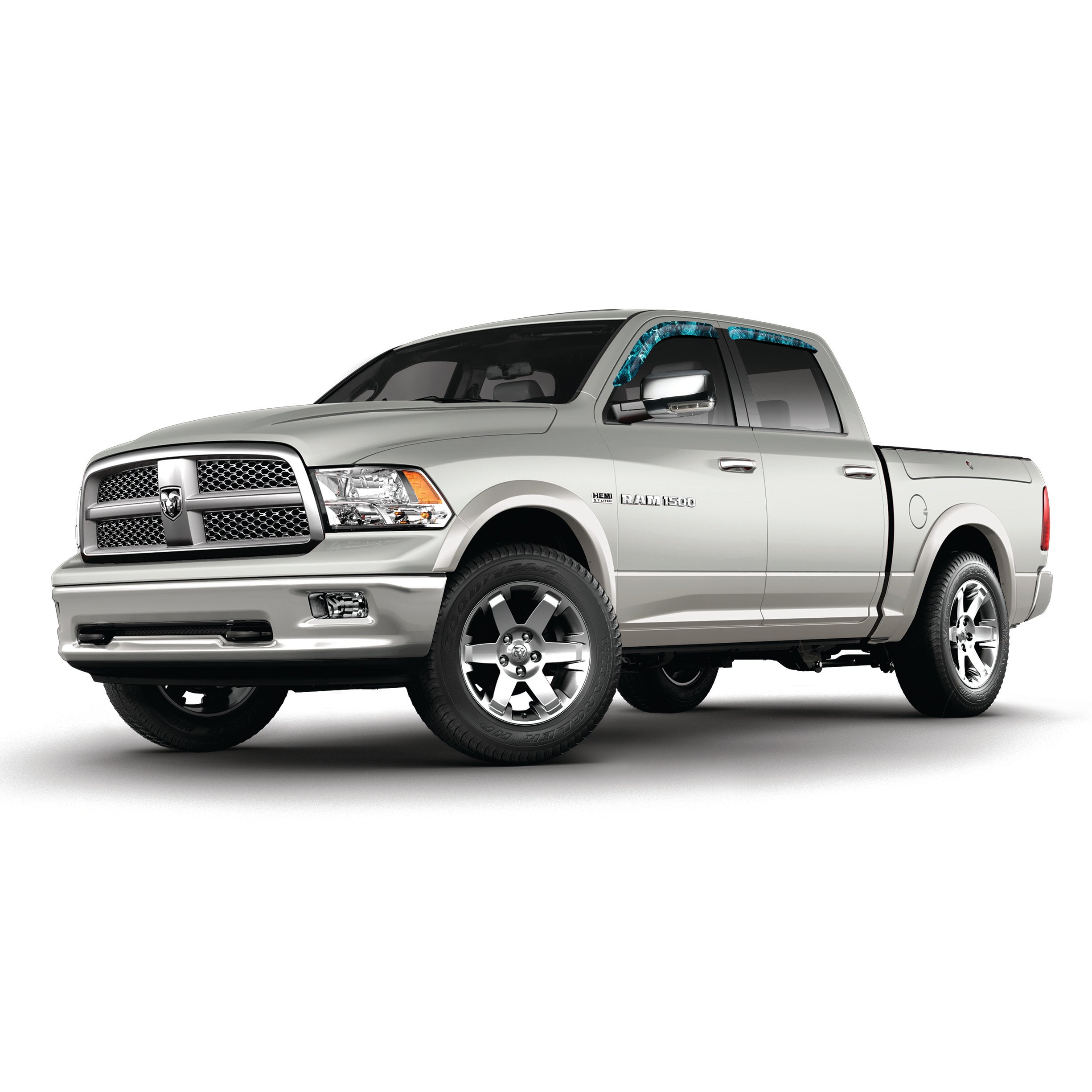 Camo vinyl wrapped rain guard side window deflectors in Mossy Oak Elements Agua Seawater camouflage pattern