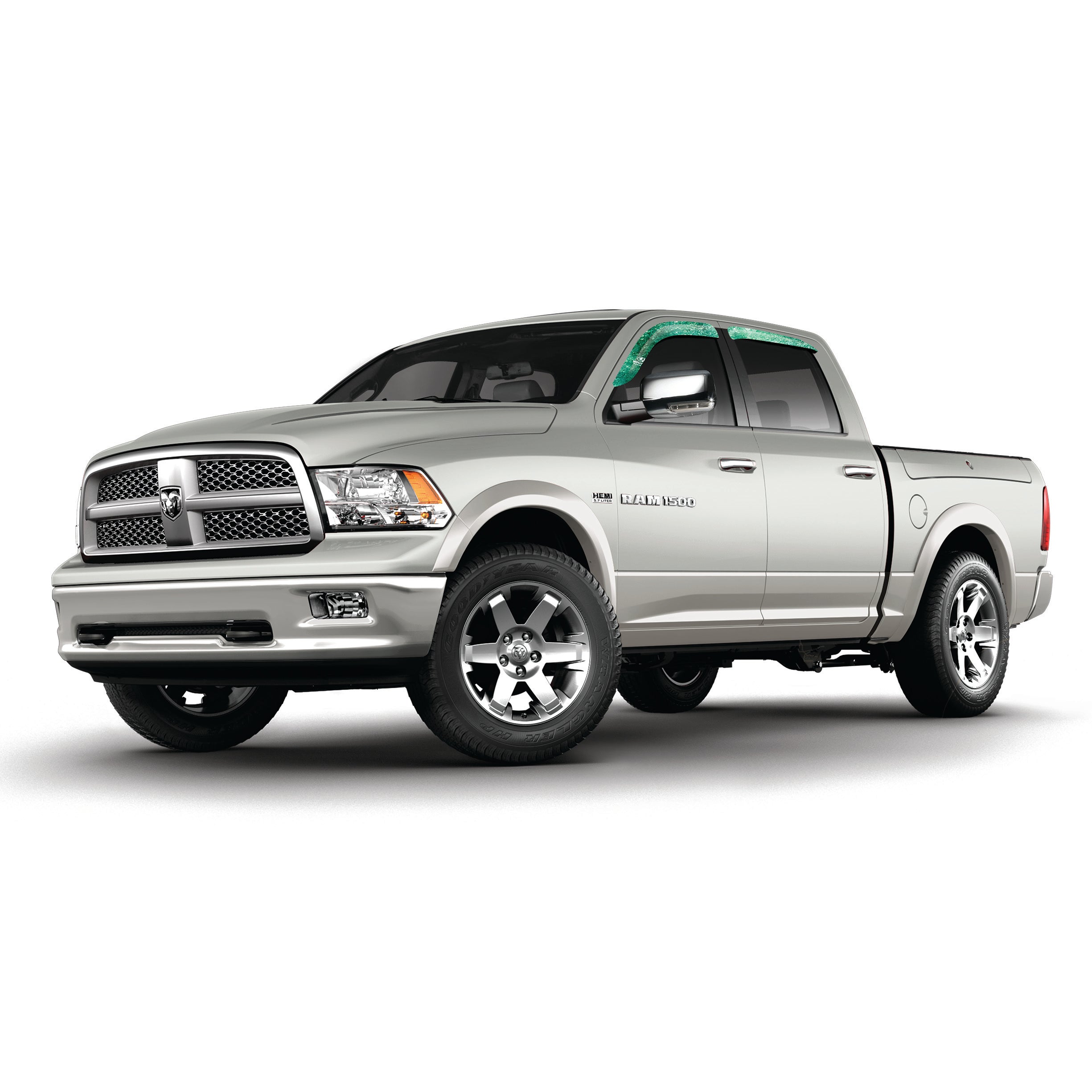 Camo vinyl wrapped rain guard side window deflectors in Mossy Oak Elements Coastal Tropic camouflage pattern