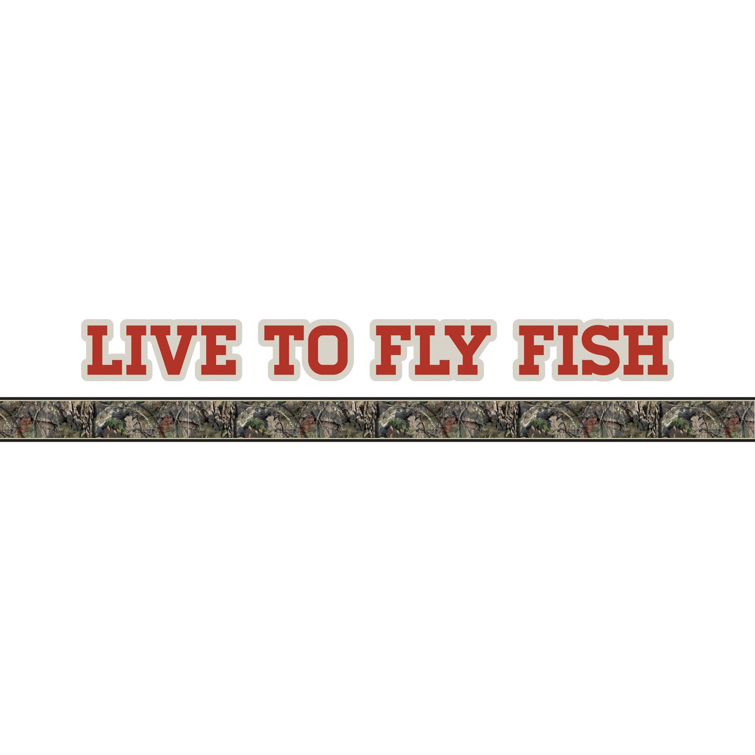 Live to Fly Fish decal with a vinyl strip of genuine Mossy Oak camo in Break-Up Country