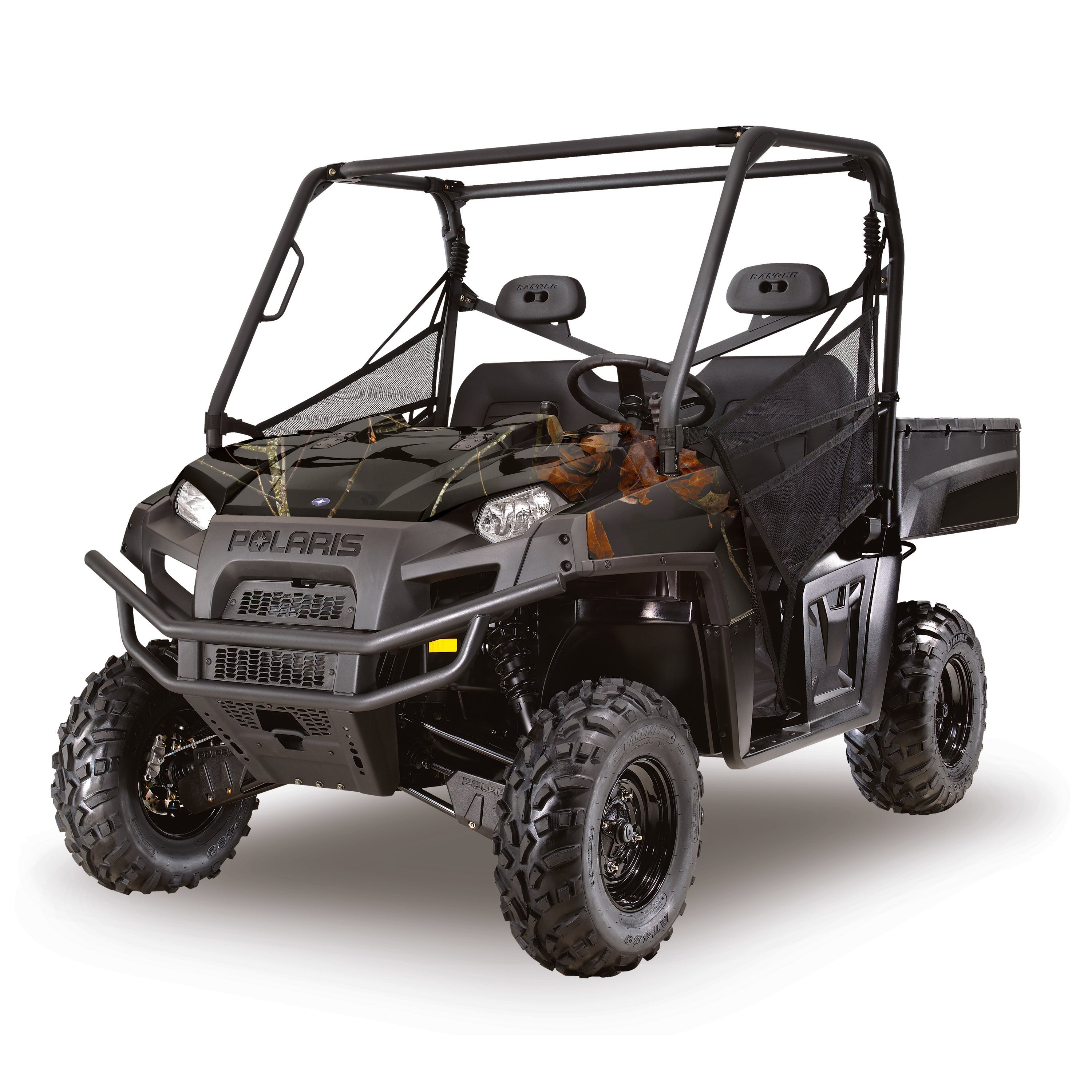 Side by side UTV camo vinyl wrap in Lifestyle Black camouflage pattern from Mossy Oak Graphics
