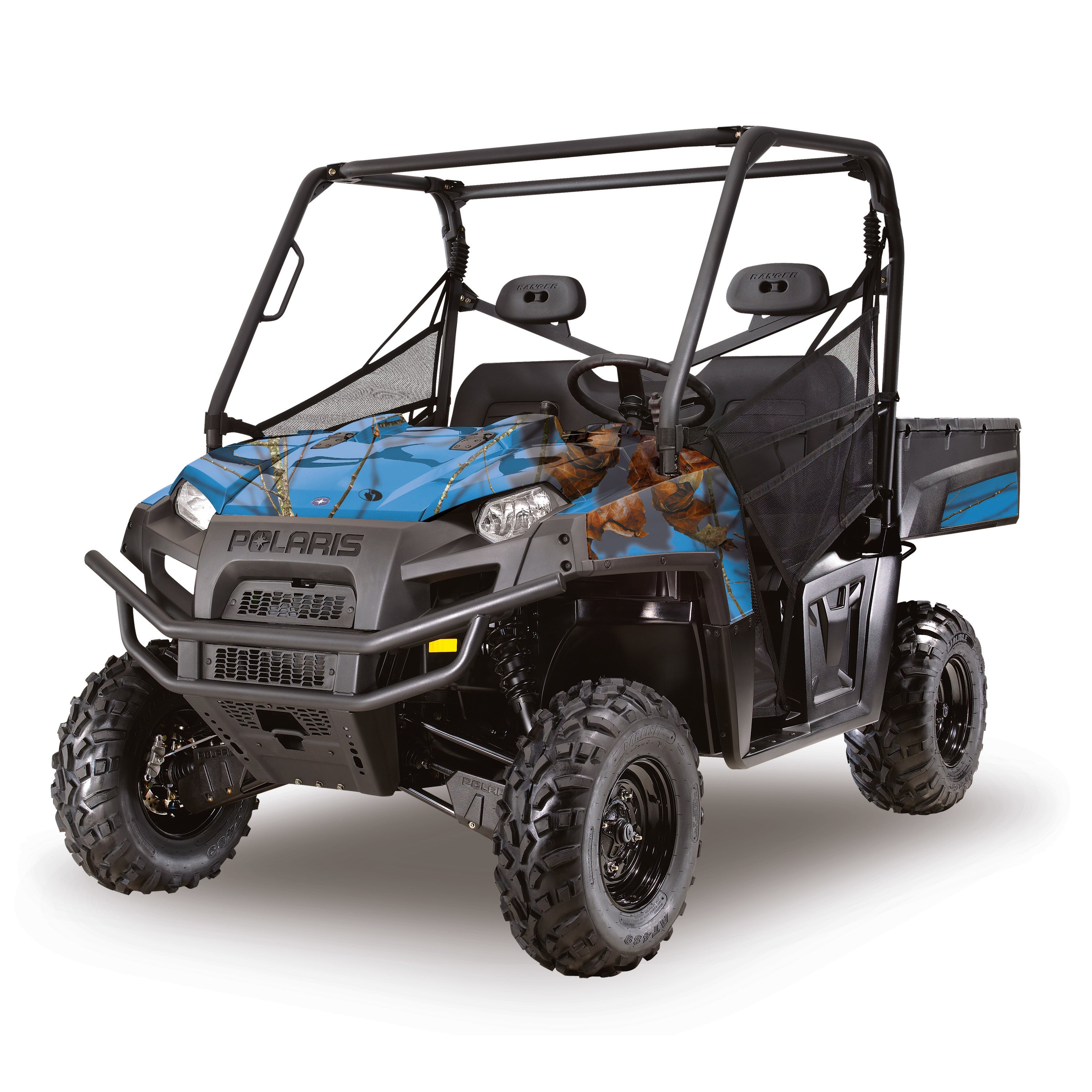 Side by side UTV camo vinyl wrap in Lifestyle Blue camouflage pattern from Mossy Oak Graphics