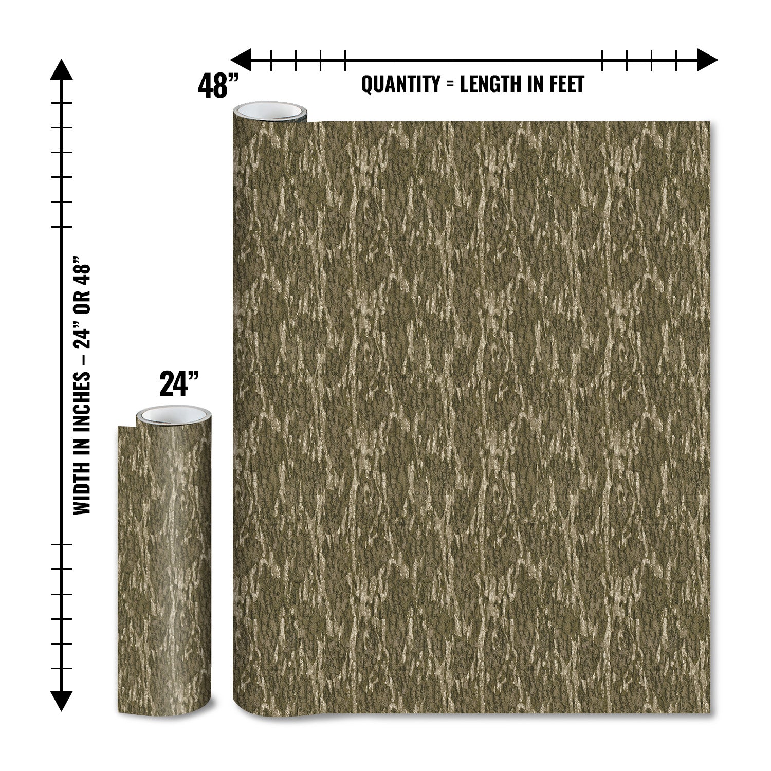 Mossy Oak Graphics matte camo roll available in 24 inch or 48 inch width vinyl wrap in Bottomland camouflage pattern
