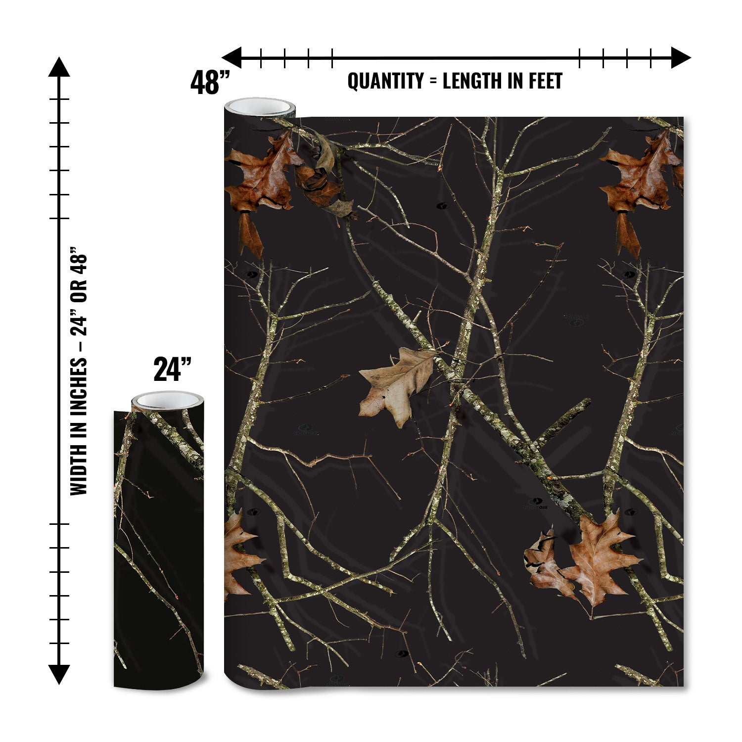 Mossy Oak Graphics matte camo roll available in 24 inch or 48 inch width vinyl wrap in Lifestyle Black camouflage pattern