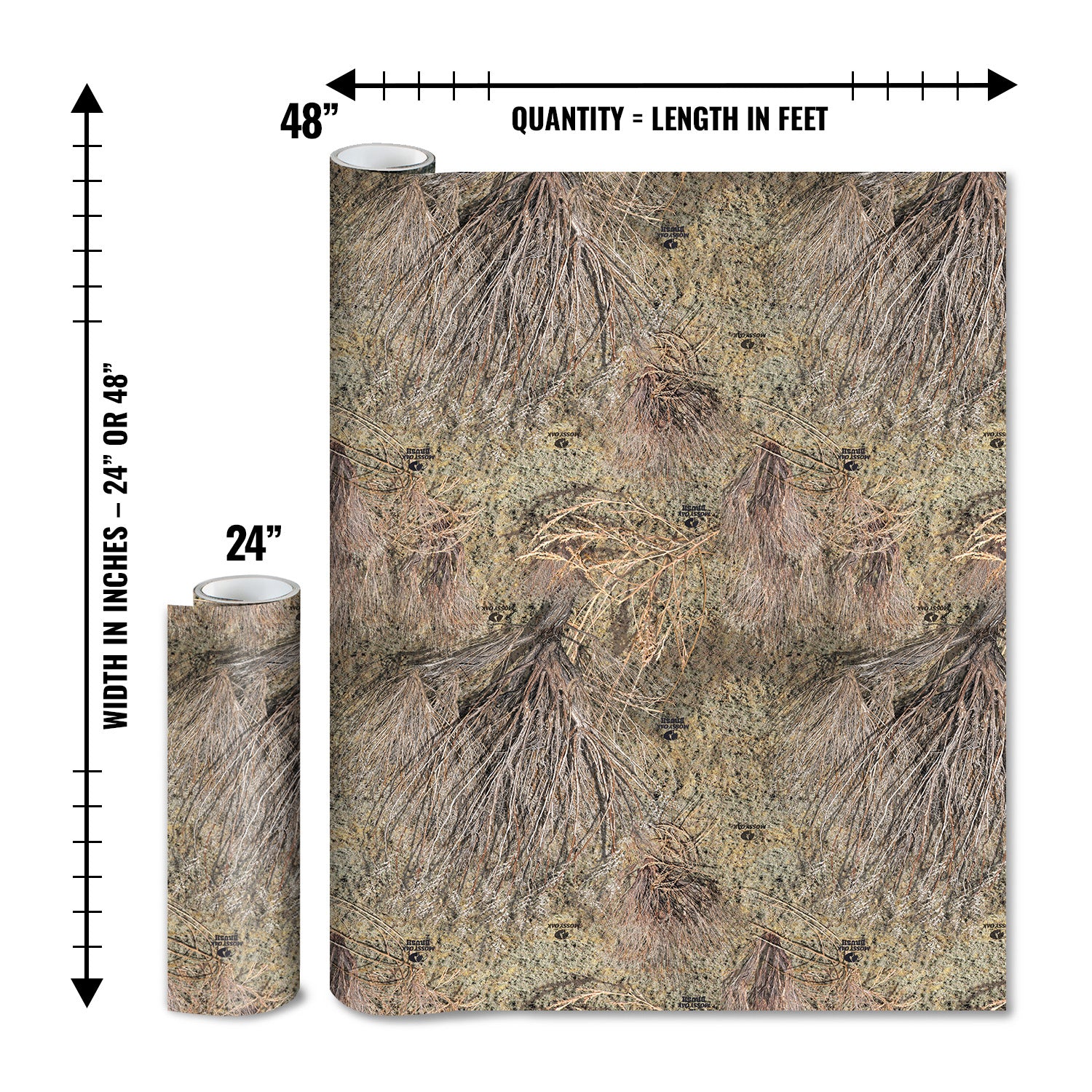 Mossy Oak Graphics matte camo roll available in 24 inch or 48 inch width vinyl wrap in Brush camouflage pattern