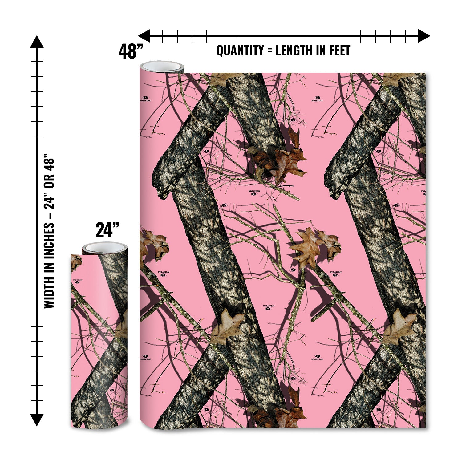 Mossy Oak Graphics matte camo roll available in 24 inch or 48 inch width vinyl wrap in Break-Up Pink camouflage pattern