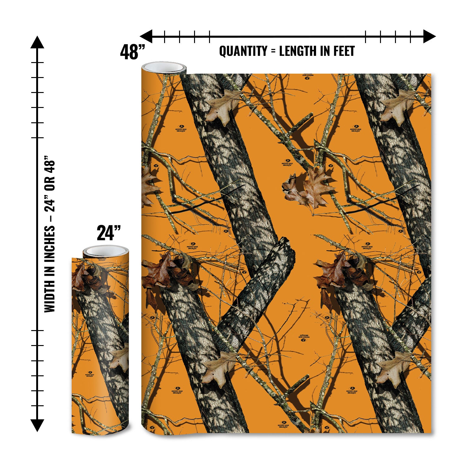 Mossy Oak Graphics matte camo roll available in 24 inch or 48 inch width vinyl wrap in Blaze camouflage pattern