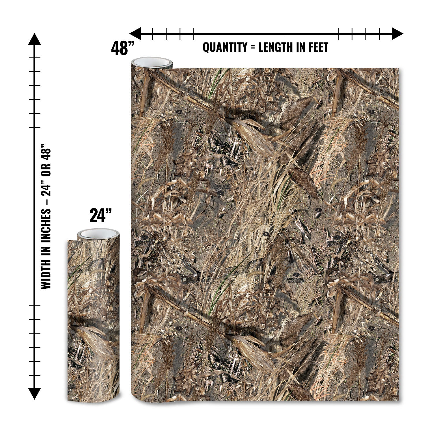 Mossy Oak Graphics matte camo roll available in 24 inch or 48 inch width vinyl wrap in Duck Blind camouflage pattern
